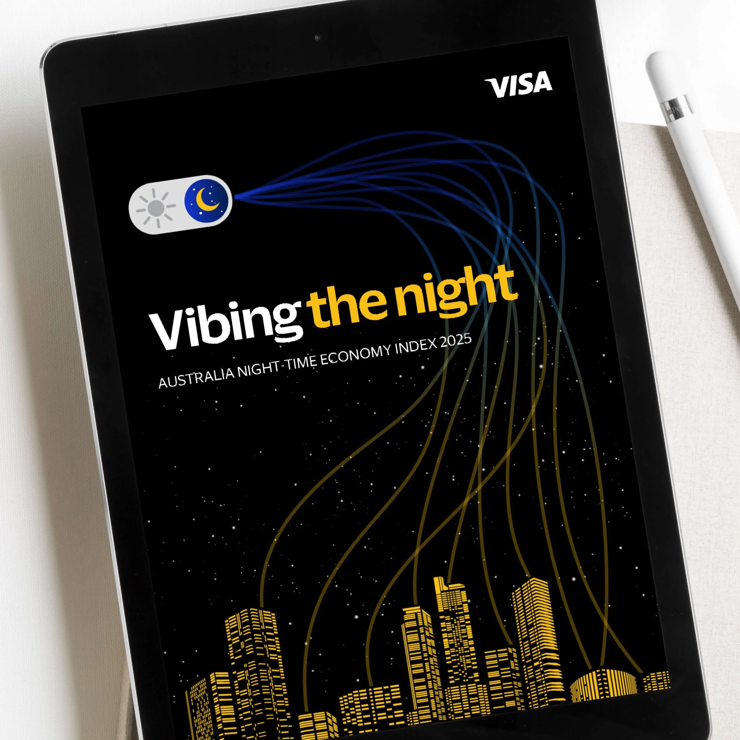 Cover of a report titled 'Vibing the night' with a subtitle 'Australia Night-Time Economy Index 2025'; the cover features a nighttime cityscape with gold buildings and blue lines representing connected data points or network lines, a switch icon with a moon icon indicating night mode, and the Visa logo in the upper right corner.