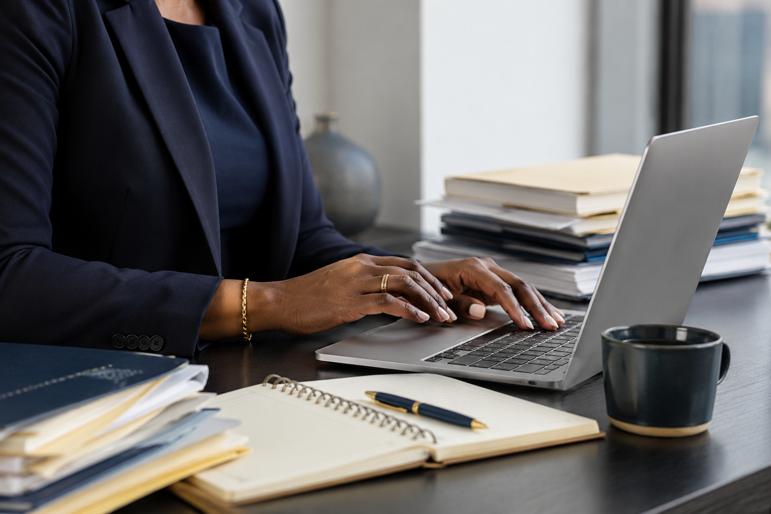 A woman working at a desk with a laptop, notebooks, and stacks of papers, near a window in an office.