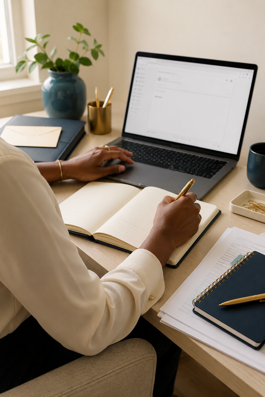 Person working at a desk with a laptop, notebook, folders, and stationery, near a window with a potted plant.