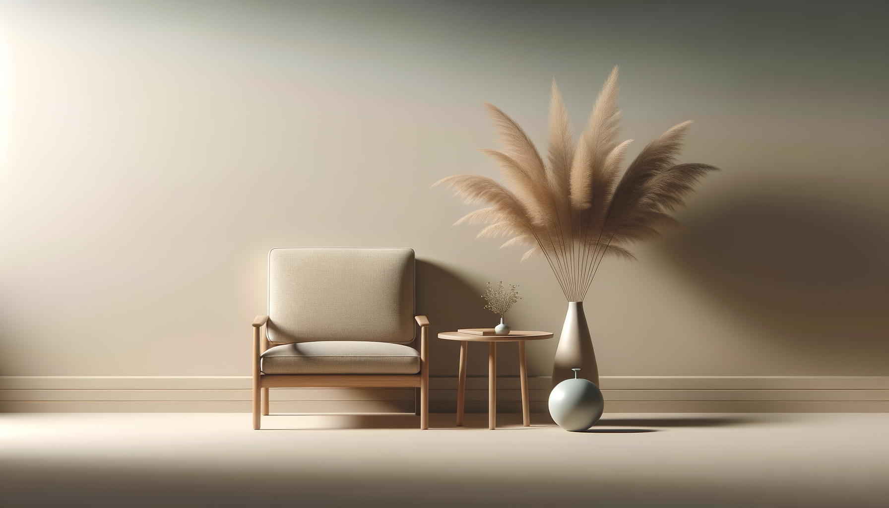 Minimalist interior with a beige armchair, a small wooden side table, a small vase with dried flowers, a tall beige vase with pampas grass, and a round white vase, on a light-colored wall with soft shadows.