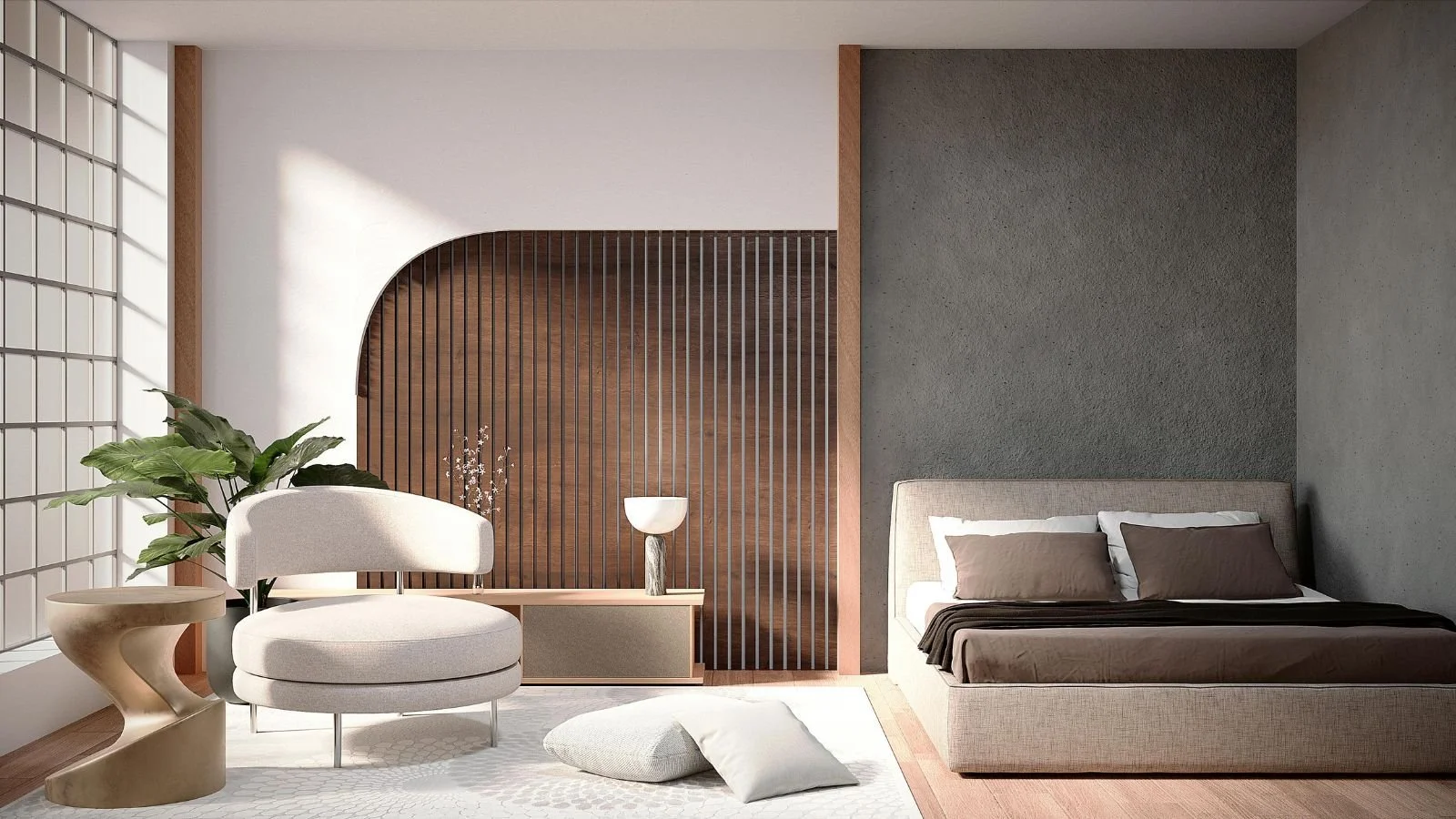 Modern bedroom interior with a beige upholstered bed, brown pillows, dark brown blanket, a white sofa, a gold side table, a large green plant, a decorative bowl on a wooden sideboard, and a geometric rug. Sunlight streams in through large window panes.