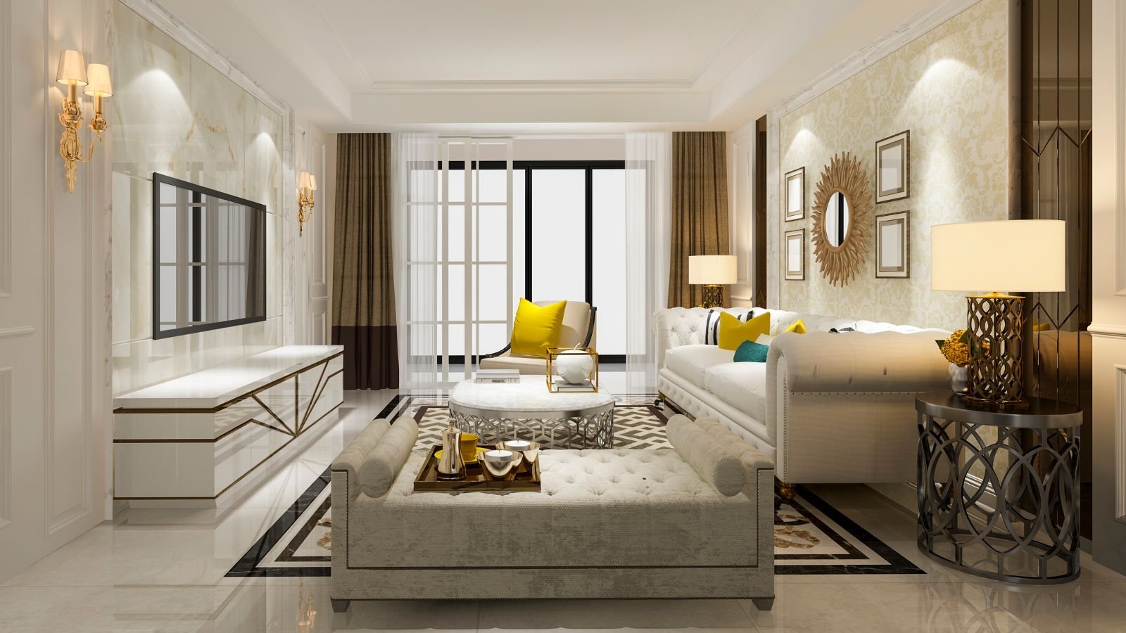 Luxurious living room with white sofas accented with yellow pillows, a marble coffee table, a patterned rug, and elegant lighting fixtures, with large windows and ornate wall decor.