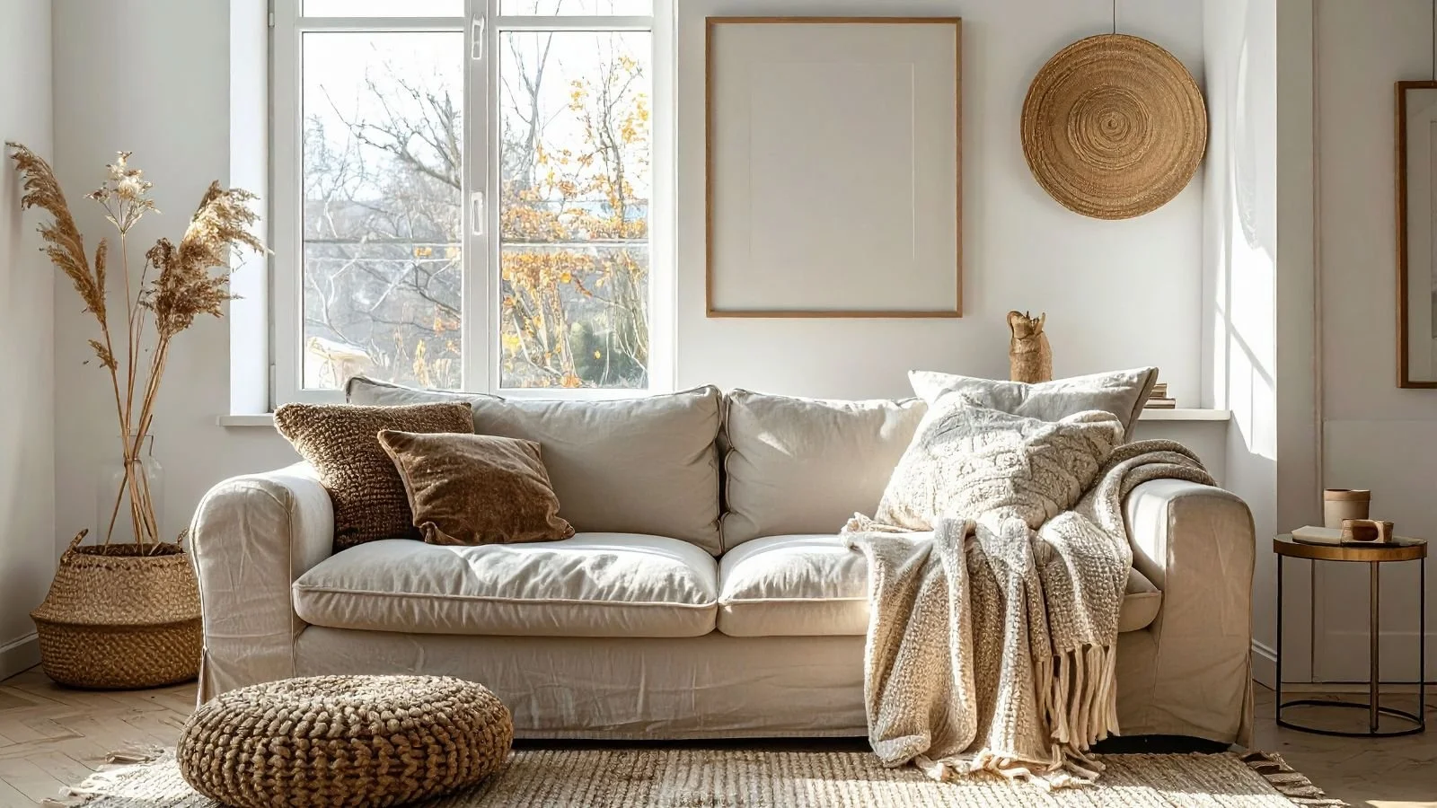 A cozy living room with a beige sofa adorned with various textured pillows and a throw blanket. Next to the sofa is a woven ottoman on a patterned rug. Behind the sofa, a large window lets in natural light, with view of trees outside. Decor includes a tall basket with dried plants, a round wall hanging, framed artwork, and a small side table with decorative items.