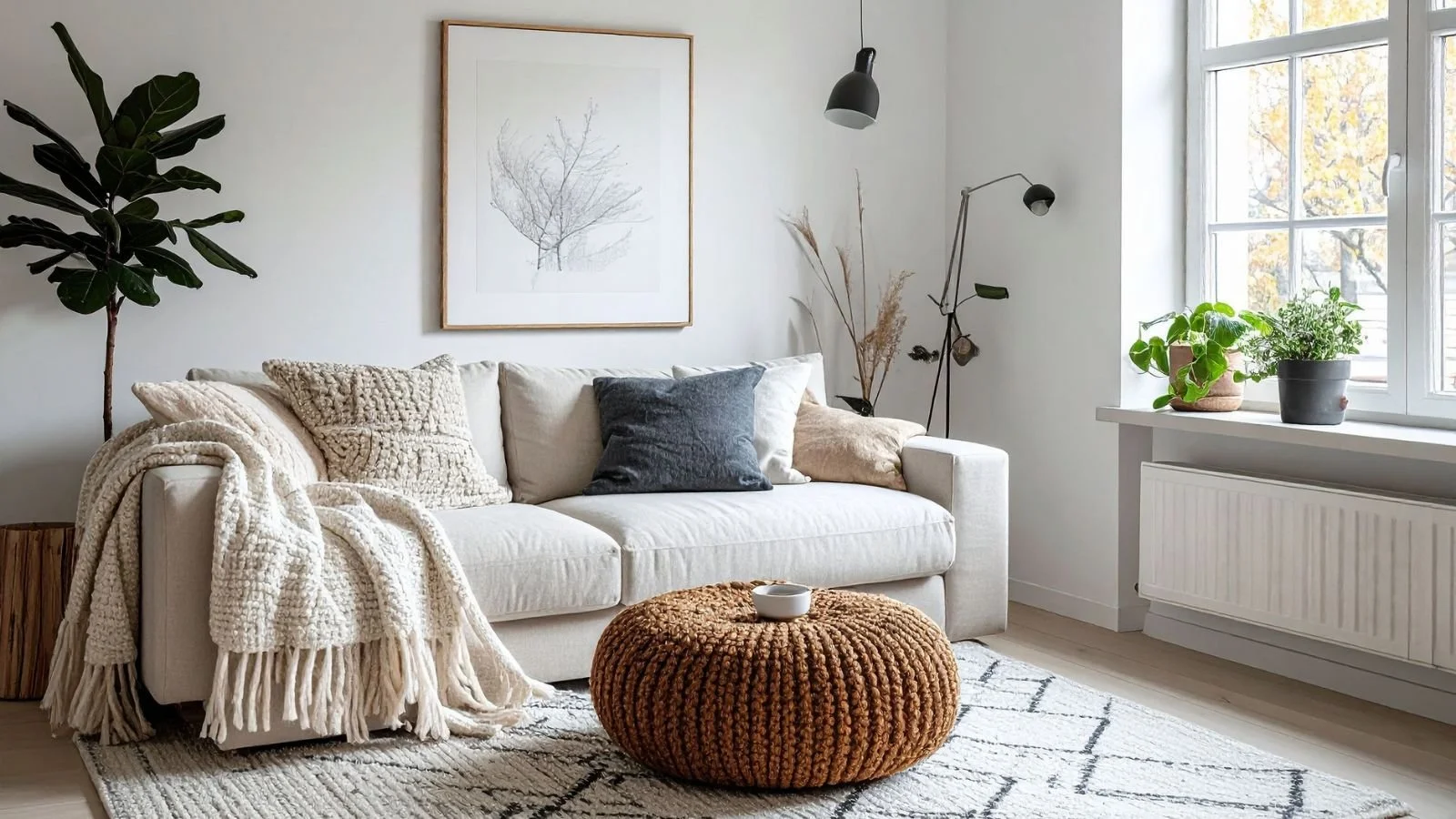 Cozy living room with a white sofa, decorative pillows, a knitted throw blanket, a round textured pouf, potted plants on the windowsill, and large windows letting in natural light.