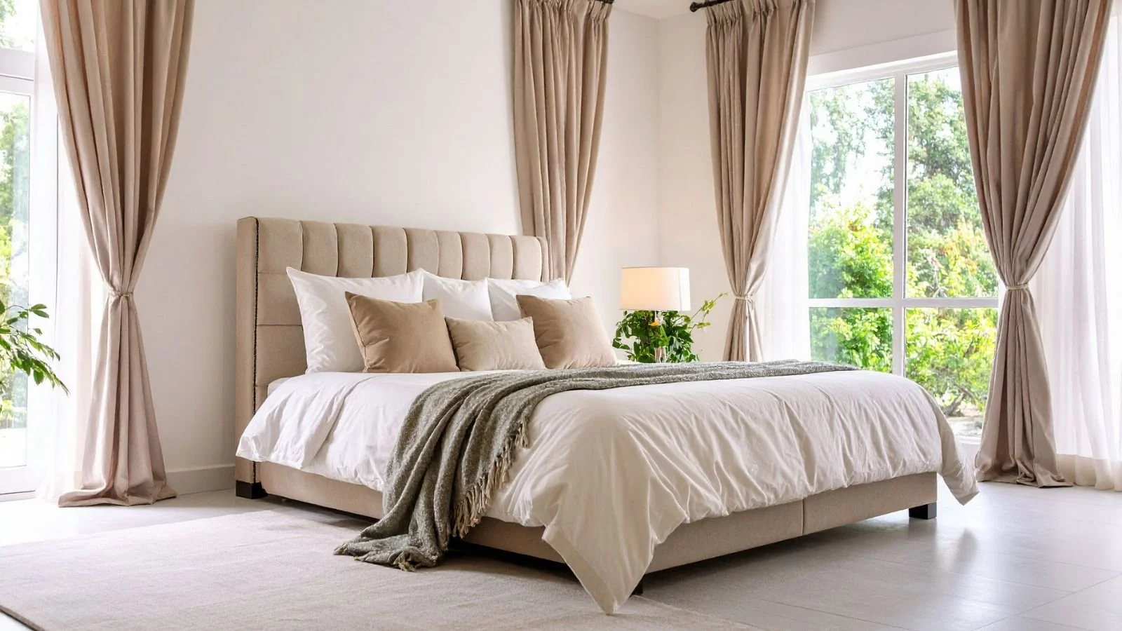A bedroom with a large bed, cream-colored upholstered headboard, white bedding, multiple beige pillows, a gray throw blanket, a white table lamps, and large windows with beige curtains and green outdoor views.