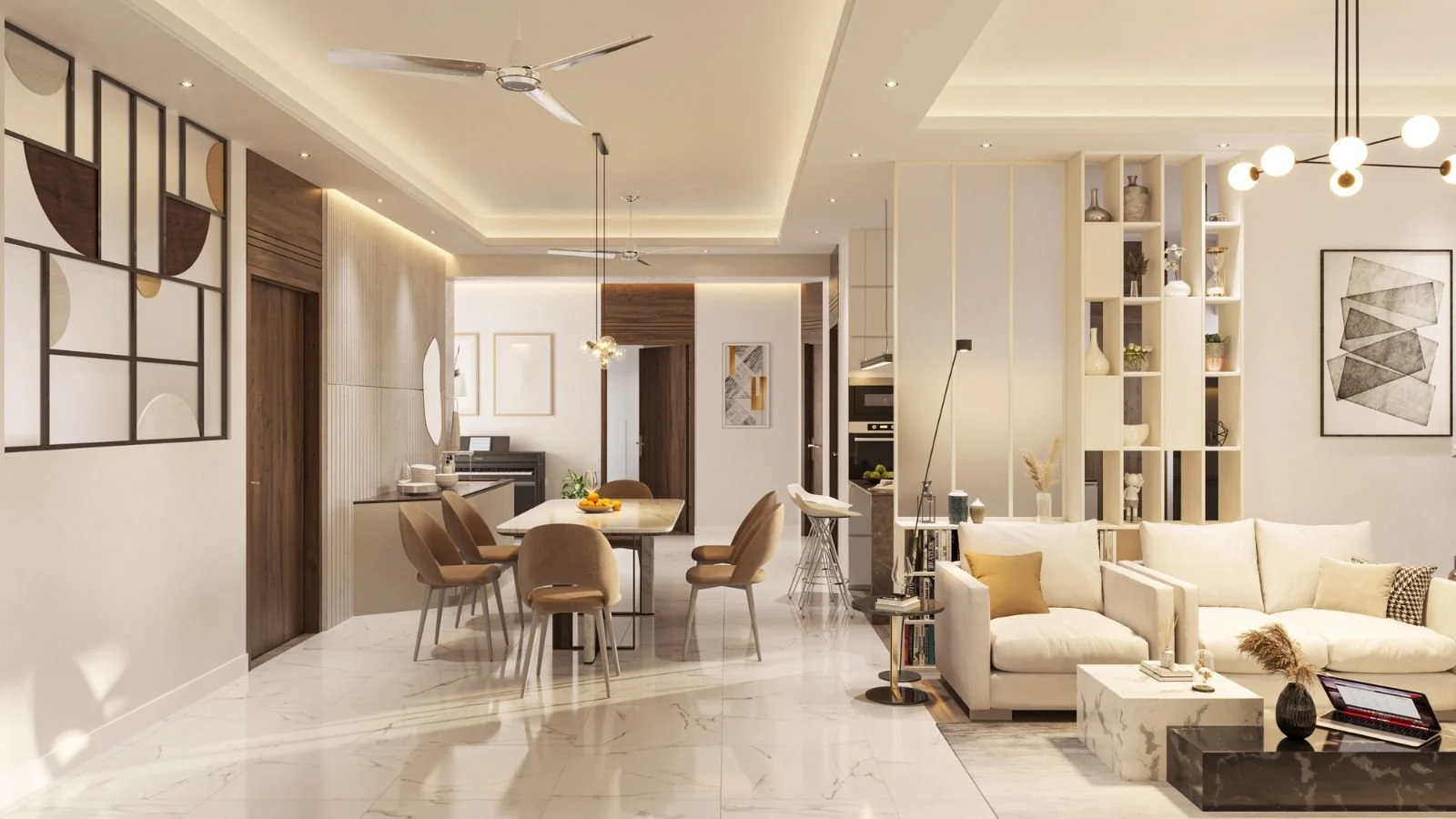 Modern open-concept living and dining area with minimalist decor, white leather sofas, marble coffee table, dining table with chairs, wall art, and built-in shelving.