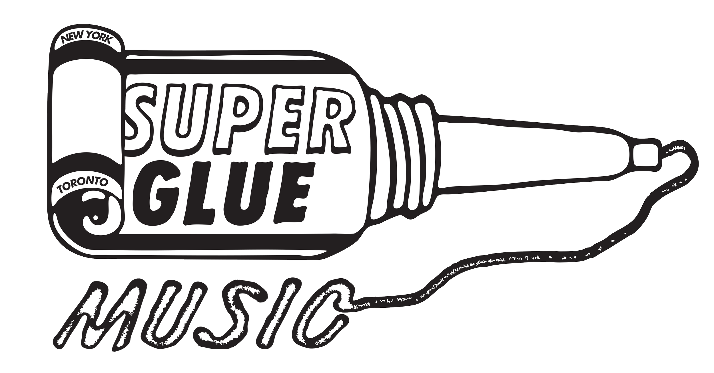 Black and white outline of a hot sauce bottle labeled "Superdude Sauce" with city names "New York" and "Toronto" on the cap. The bottle is pouring sauce onto the word "MUSIC" written below.