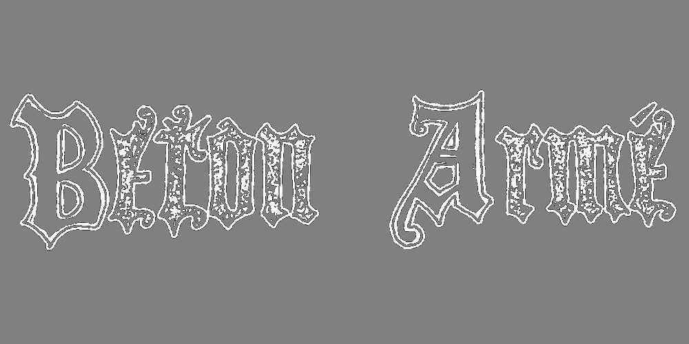 Text saying 'BELOW' on the left and 'ALONE' on the right in a decorative black gothic font on a gray background.