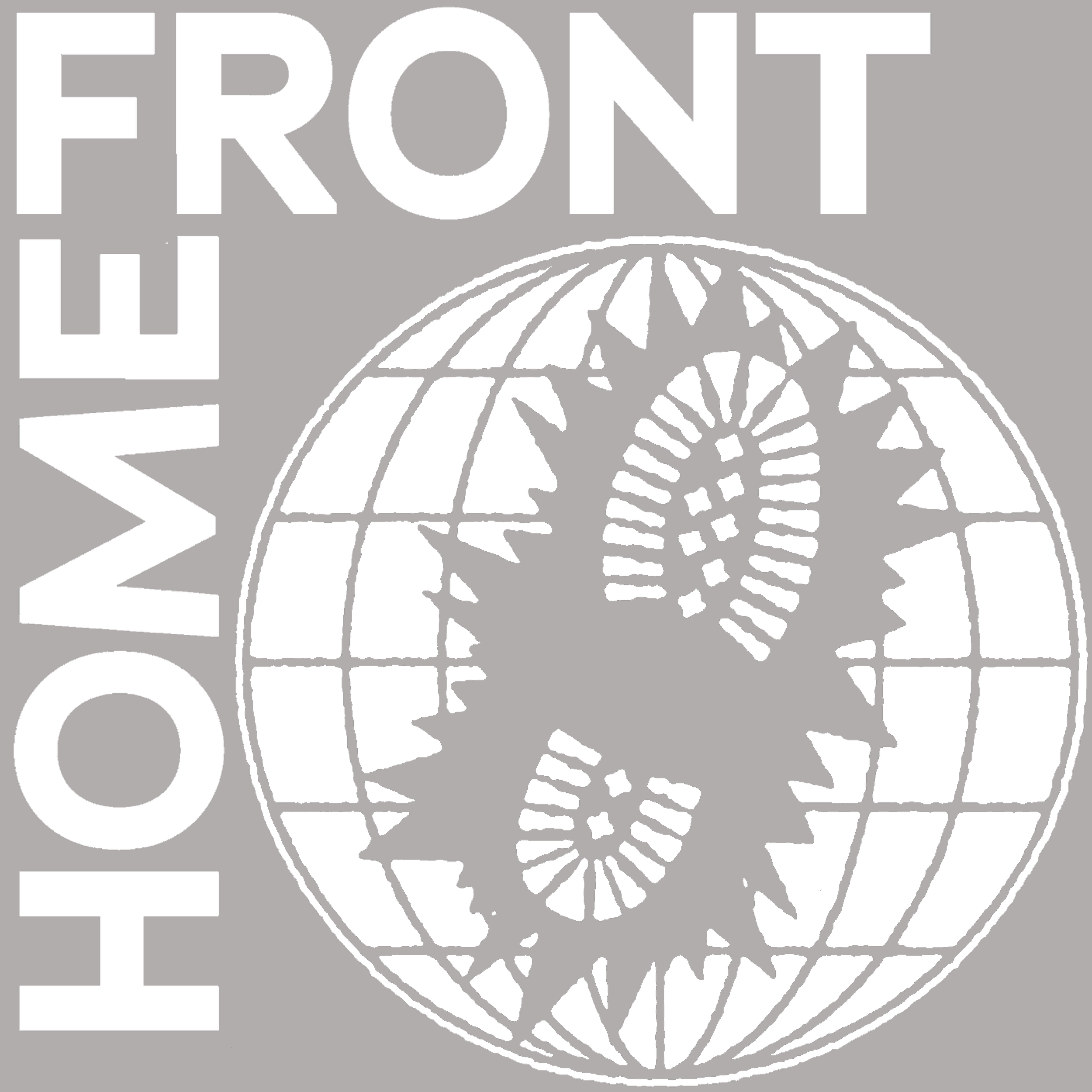 Black and gray graphic with the word 'FRONT' on the top left and the word 'LOVE' on the bottom left, featuring a stylized globe with radiating lines on the right side.