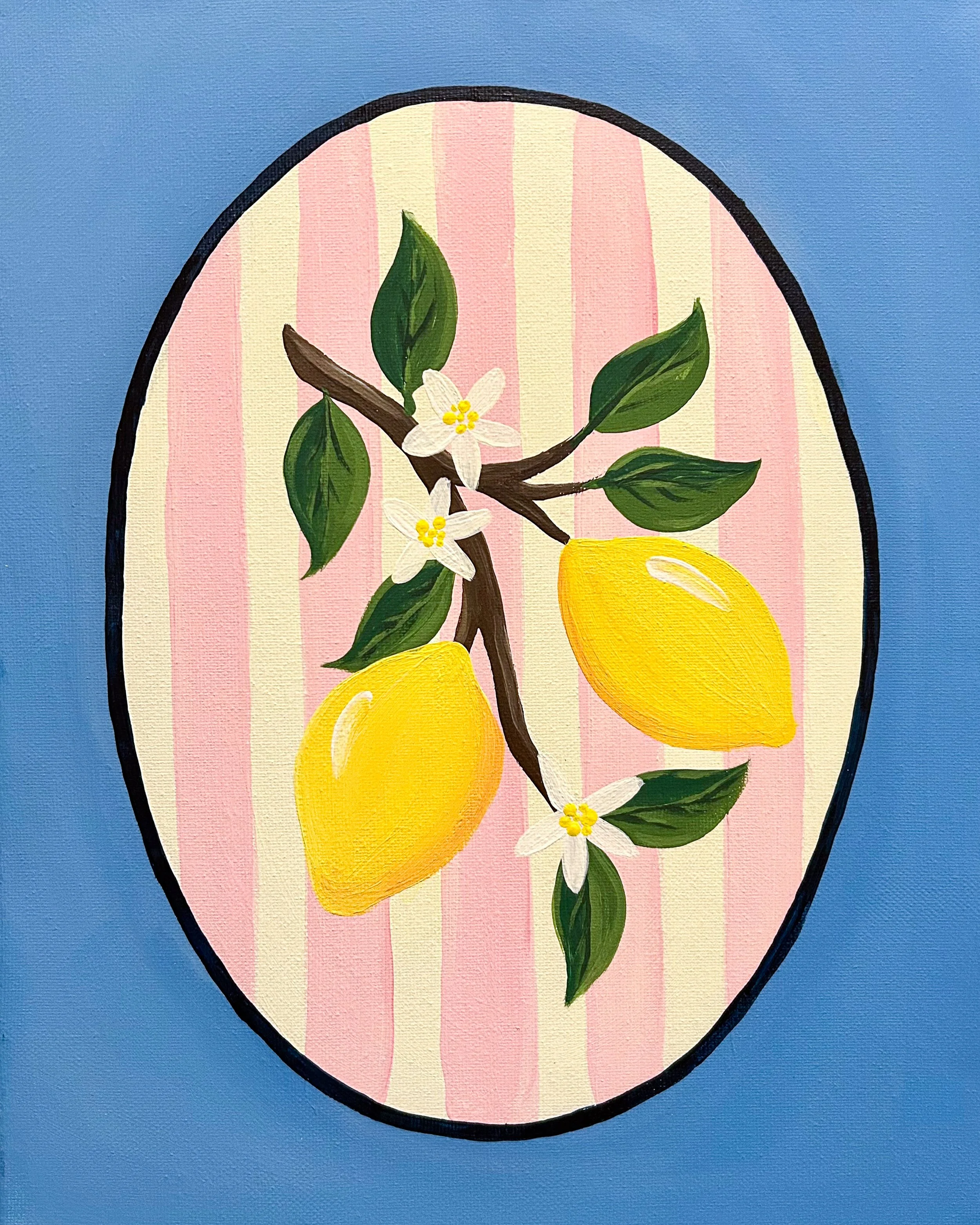 A lemon branch with two lemons and white flowers on a striped oval background on a blue background 