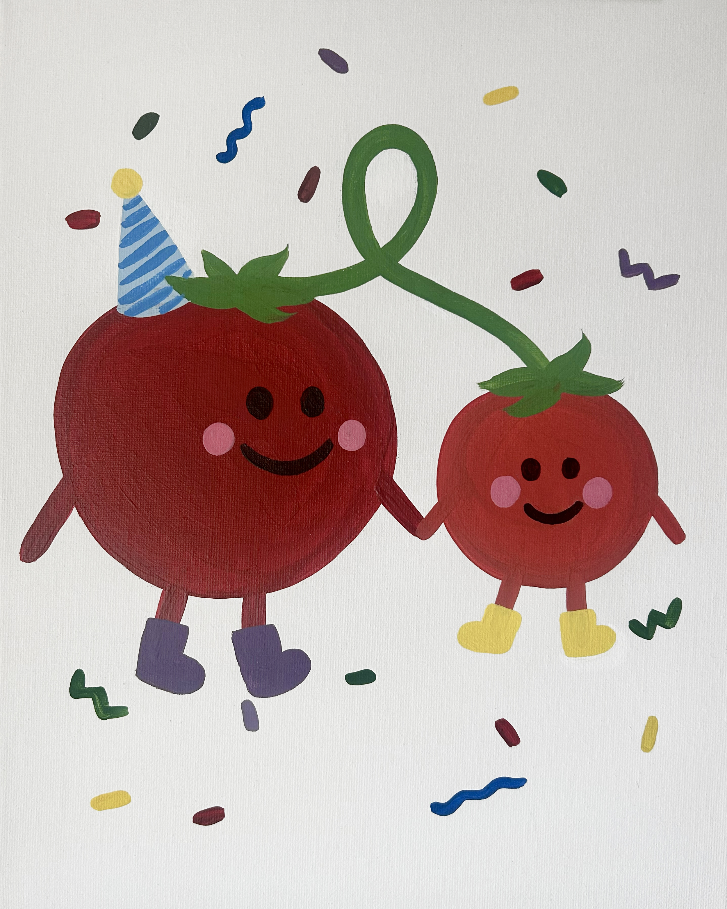 Close up of a cartoon tomato painting with two tomatoes holding hands smiling surrounded by colorful confetti