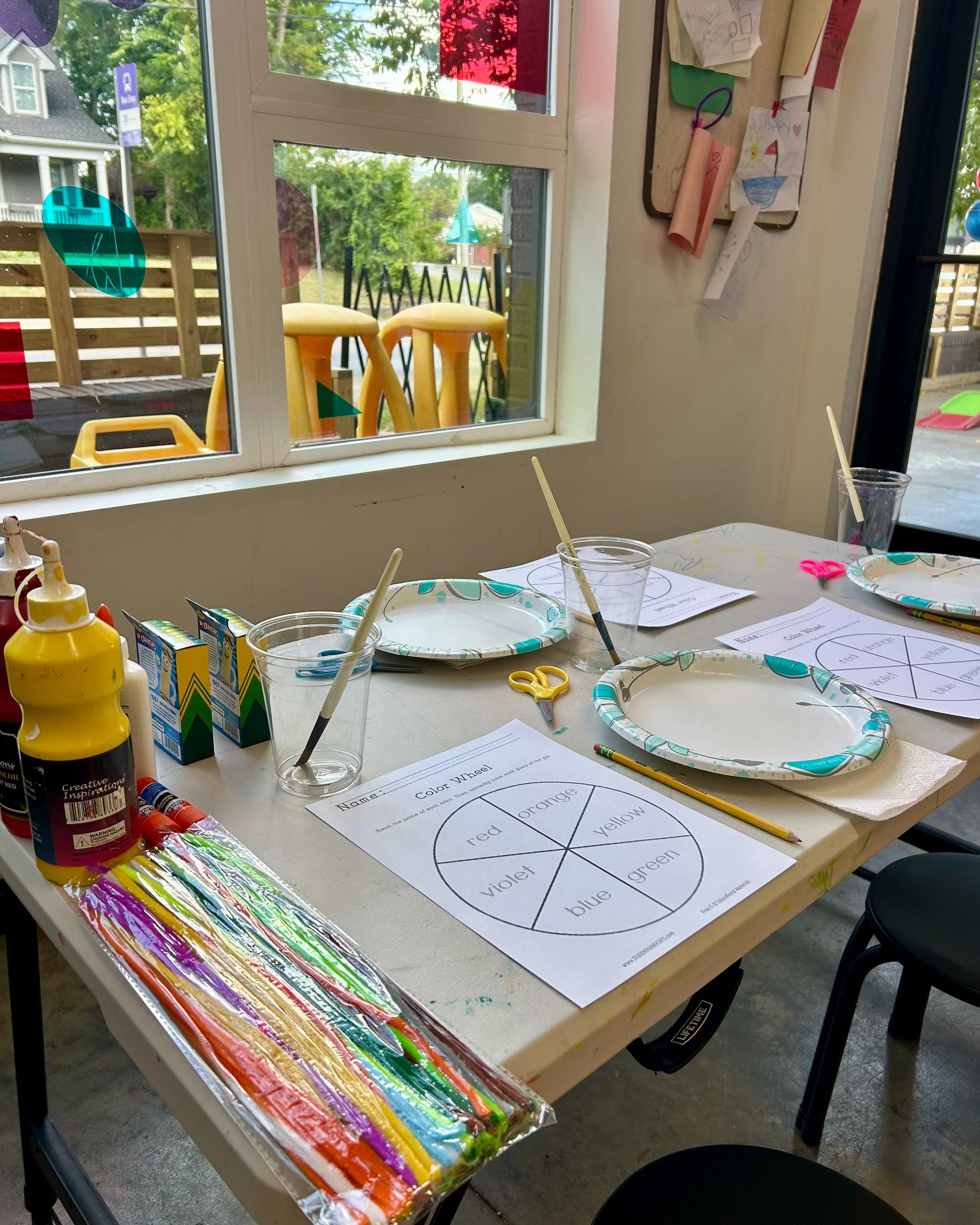 A setup of a classroom with color wheel activities