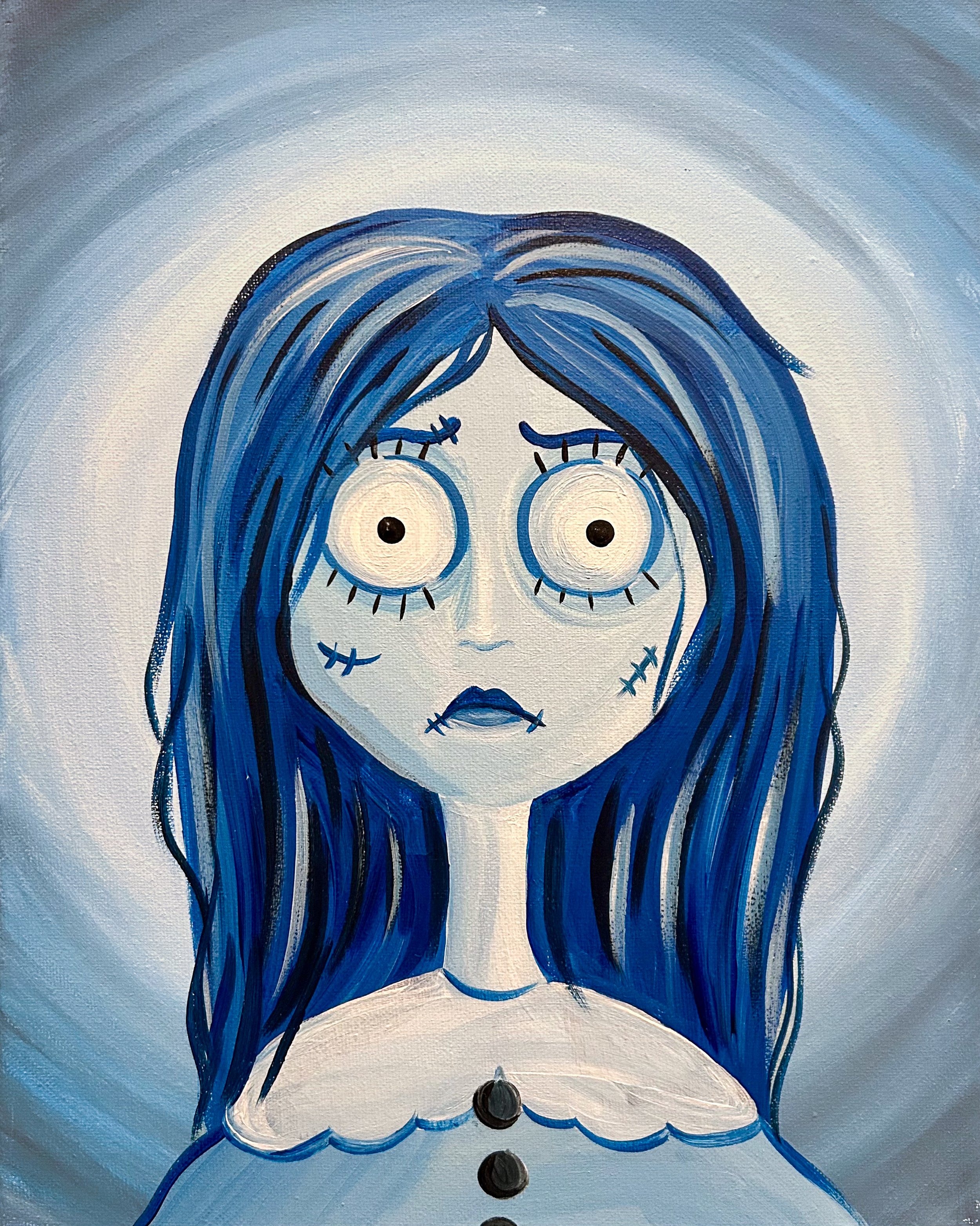 Tim Burton-inspired self portrait of a girl in shades of blue with big round eyes and a frown with stitches