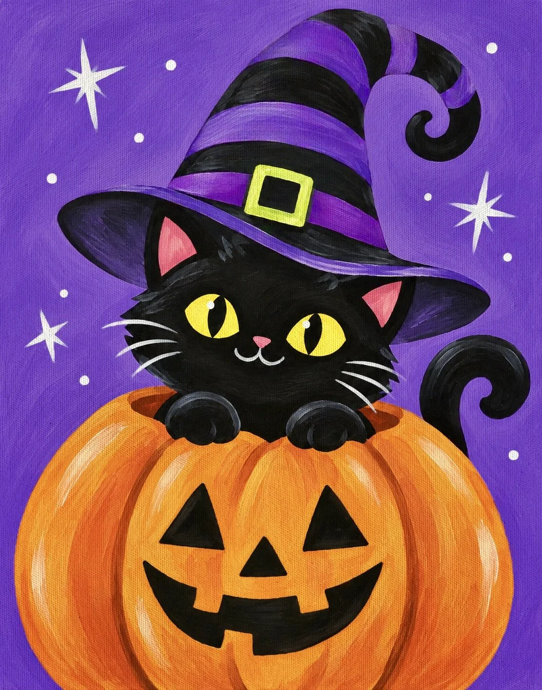 Black cat with a witch hat popping out of a jack-o'-lantern