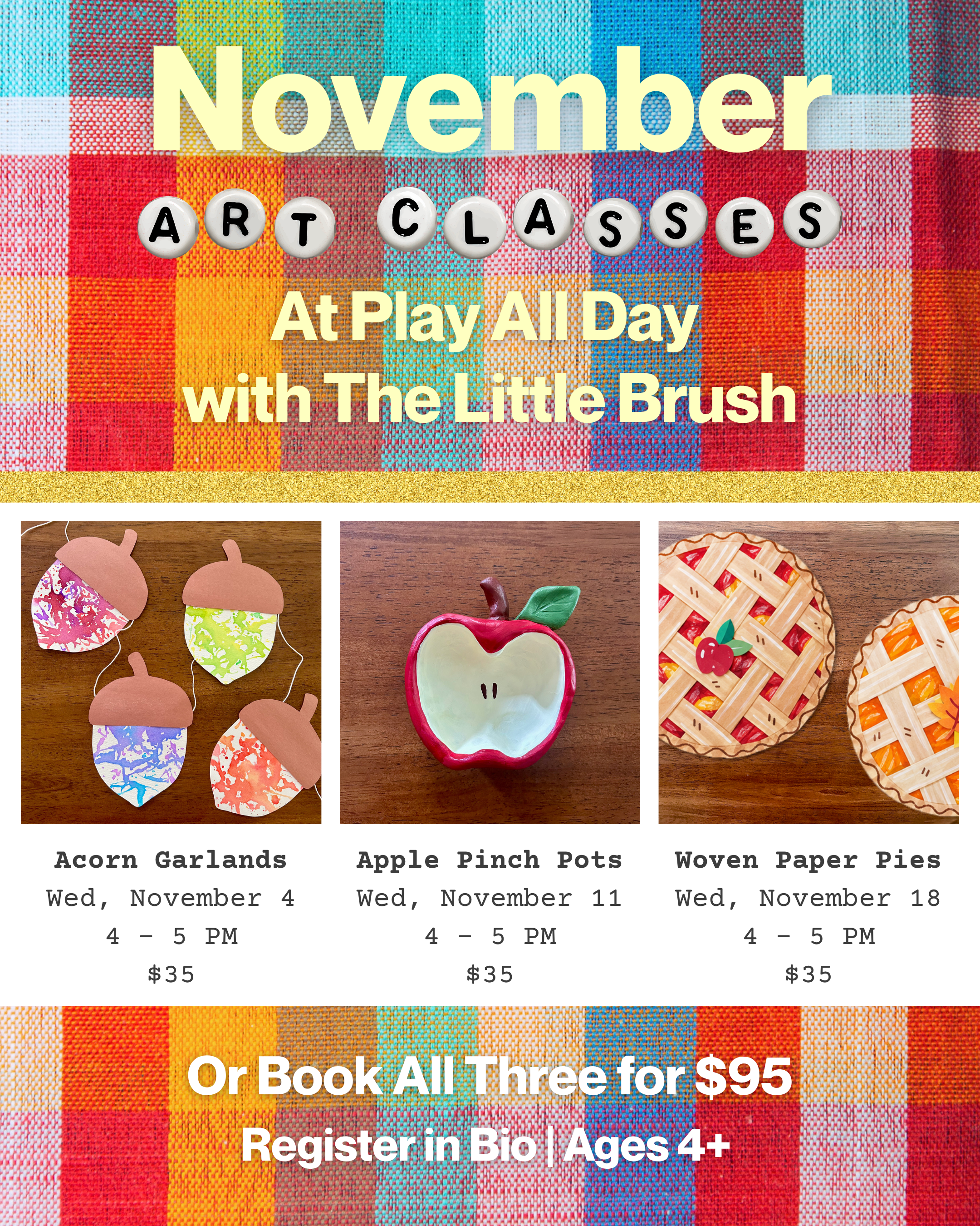 Colorful background with acorn garlands, apple pinch pots, and woven paper pies