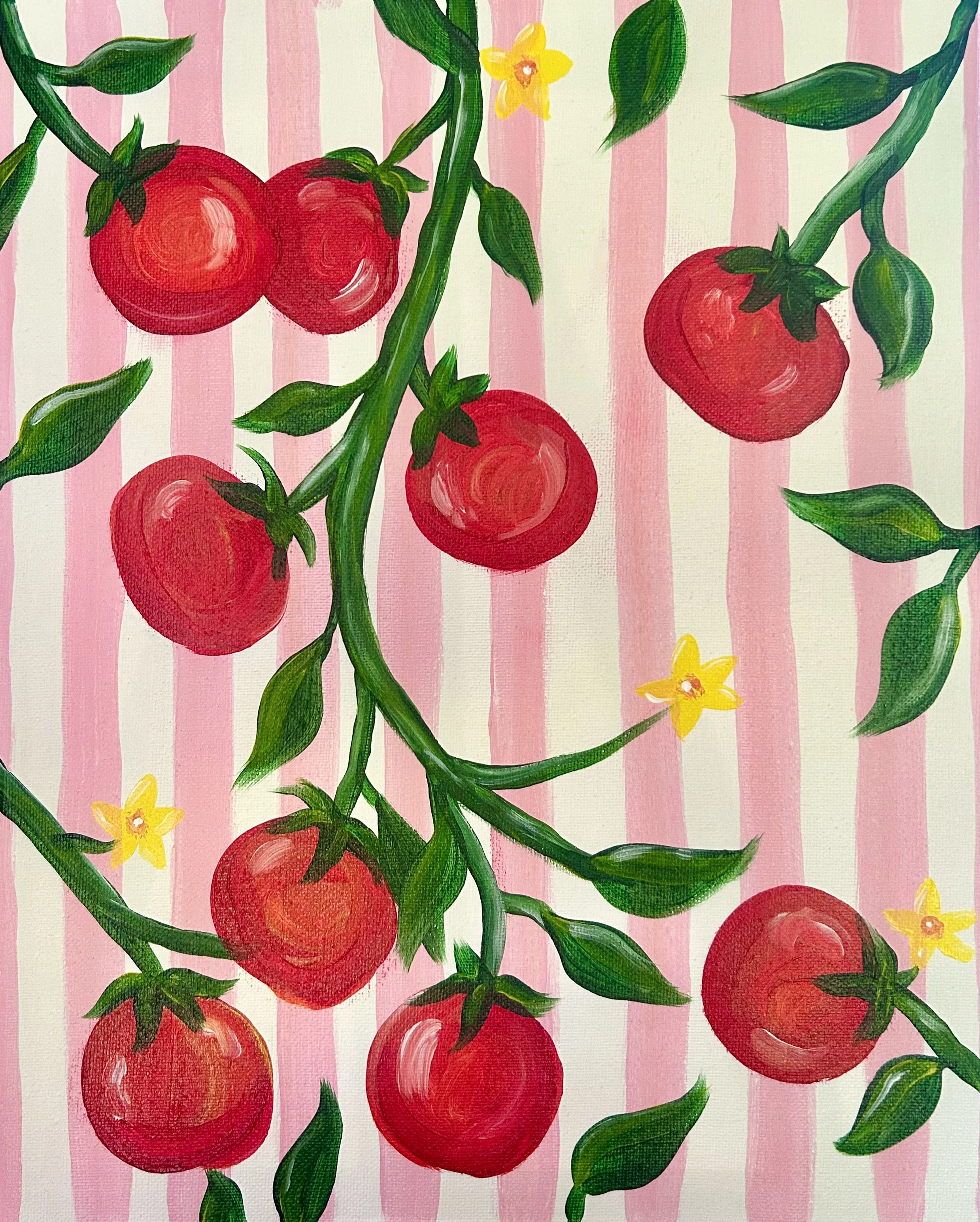 A painting of tomatoes on vines with pink stripes in the background and yellow blossoms