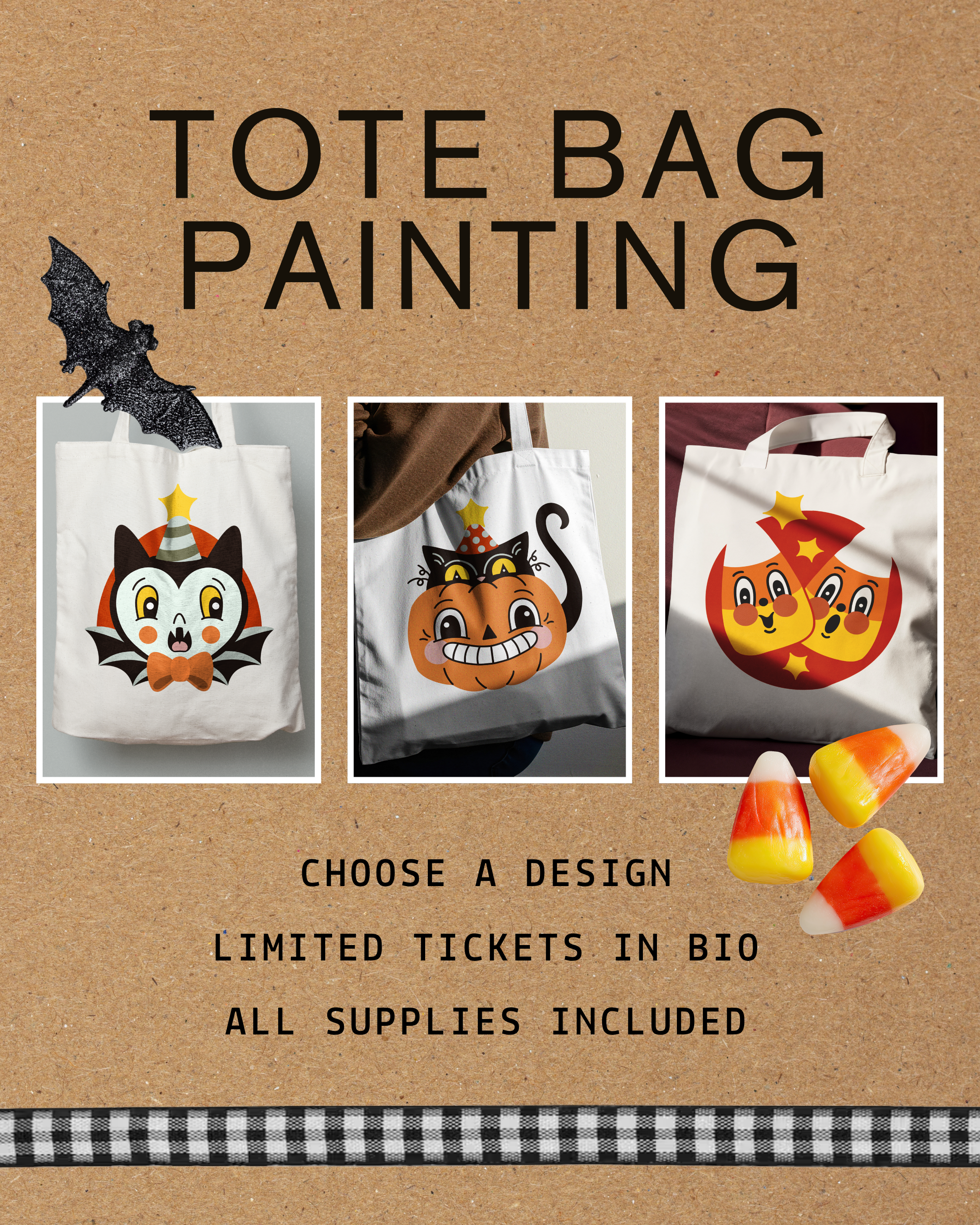 Tote bag painting class September 23 at 7 pm at East Nashville Beer Works. Choose a pumpkin, bat, or candy corn.