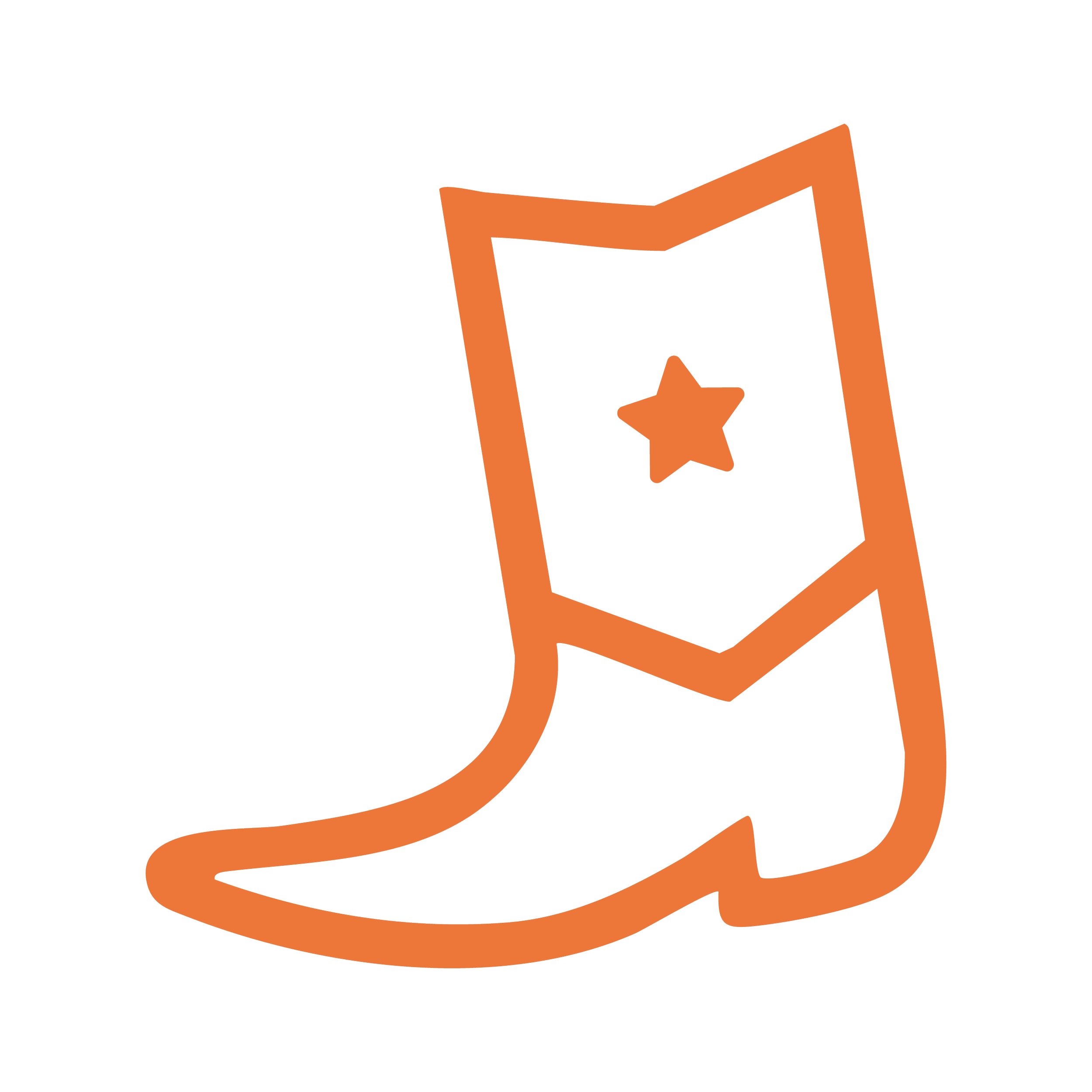 Orange line graphic of a cowboy boot with star