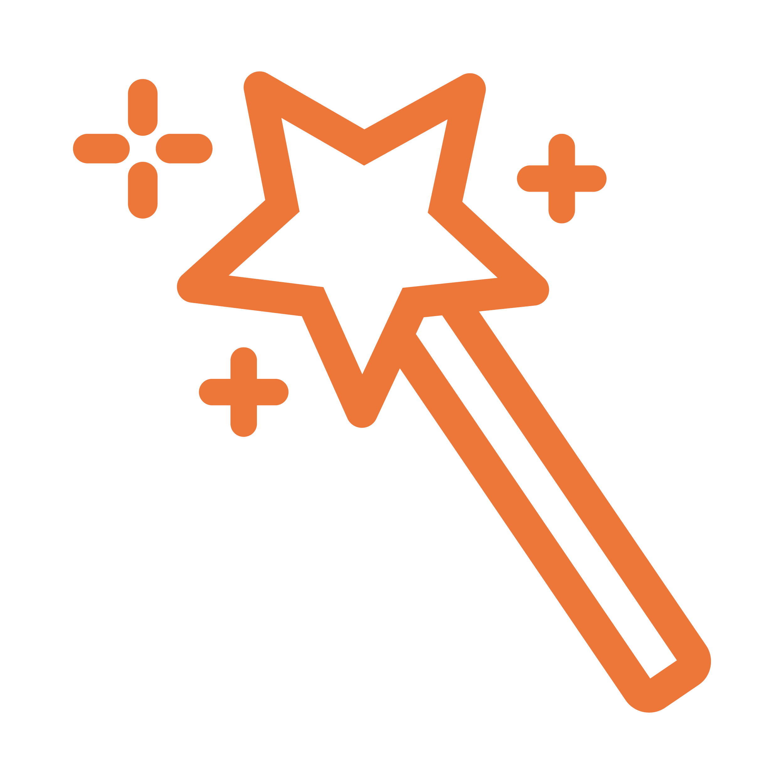 Orange line graphic of a magic wand