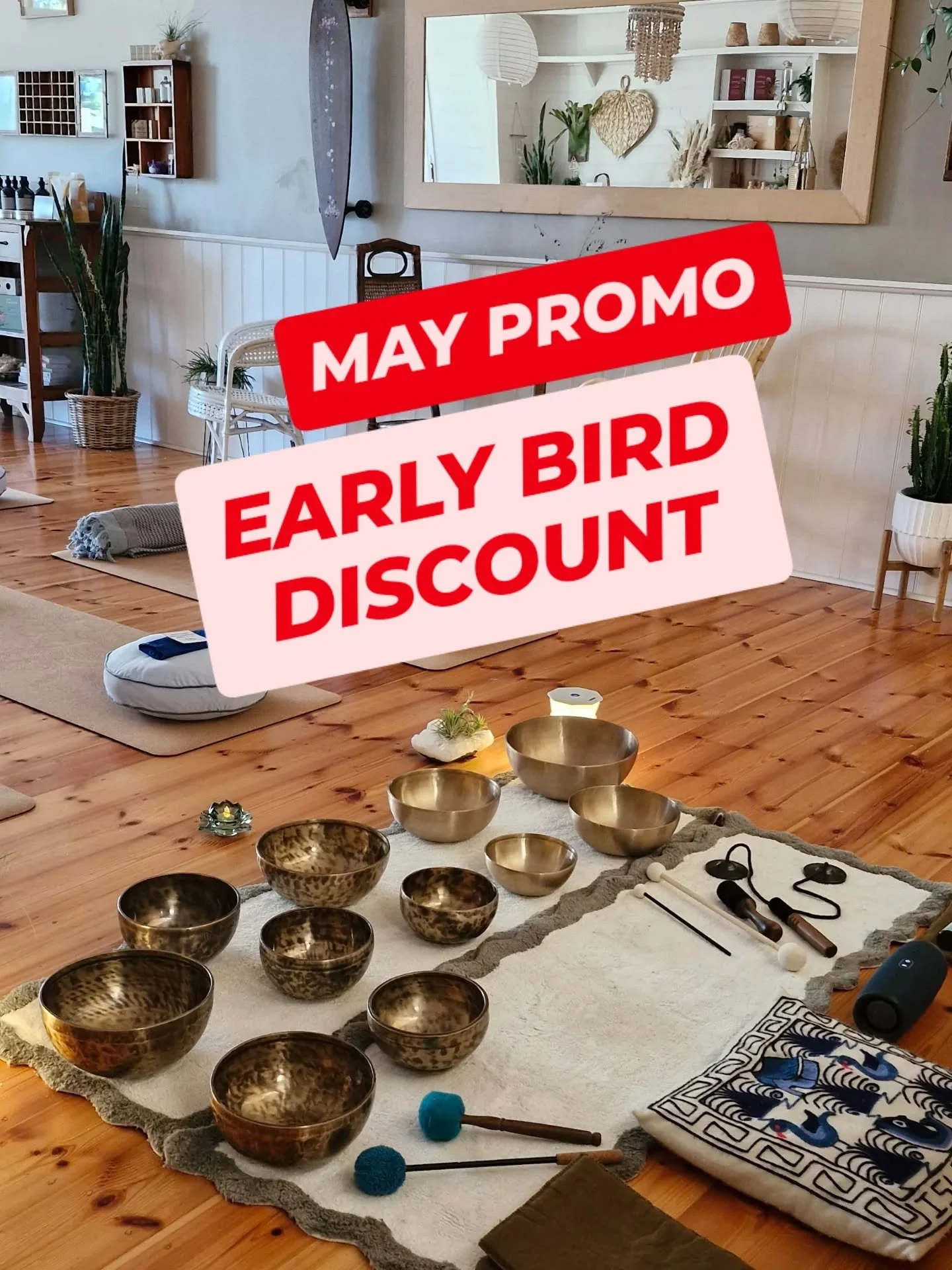 introducing early bird 🐦 promo for the month of May when you book into one of our sound bath sessions @tlhc_studio 

🐛 book Reset N Relaxation session before 10th May for $28 p/p

🐞 book Stillness Saturday session before 19th May for $49 p/p

don'