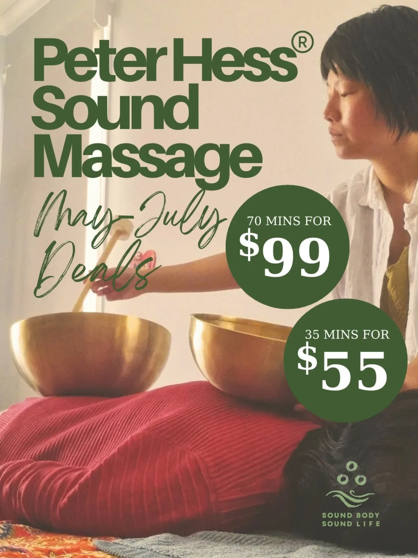May-July Offering 🎉

The Peter Hess Sound Massage is an intimate journey and inner exploration into a relaxed body.

It is a very gentle and soothing relaxation massage.

Many clients reported great improvement in sleeping quality, feeling deeply re