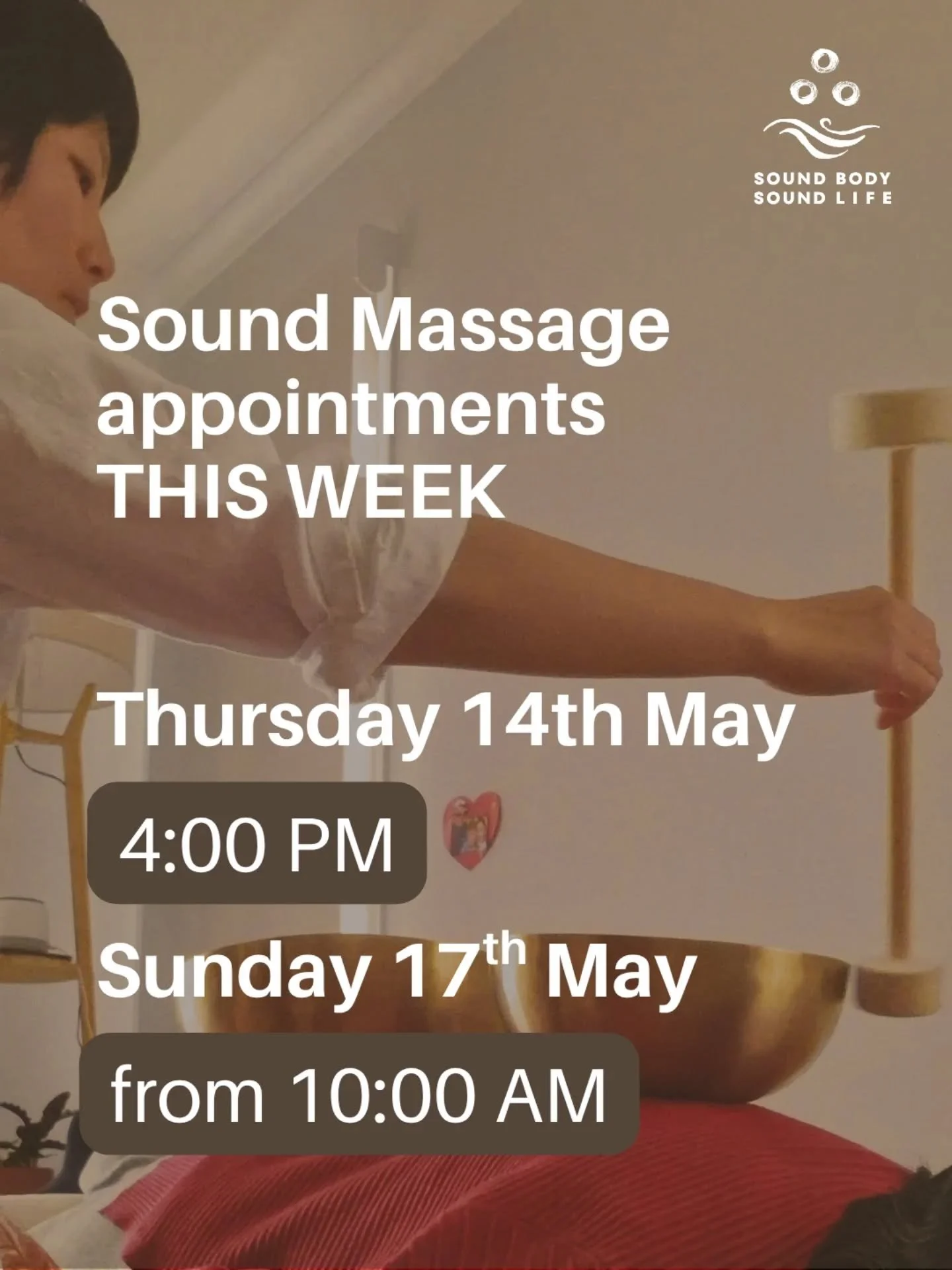 1-ON-1 Sound Massage available this week 🌿

If you have been feeling exhausted &amp; needing to take a holiday but you can't, booking a 70min or even 35min sound massage session could be a good alternative for you.

Unlike traditional massage, sound