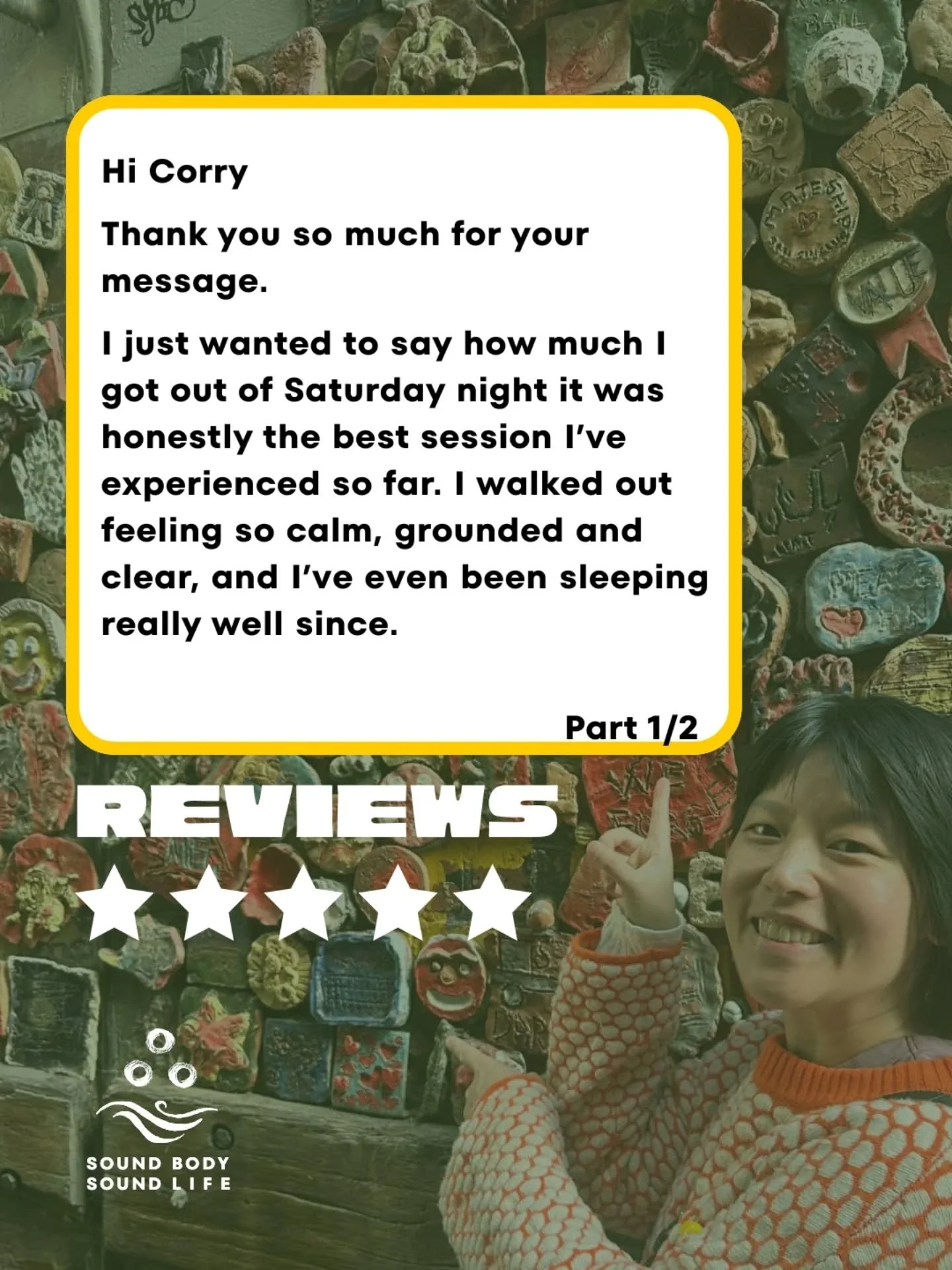 Clients' reviews carousel 🎠🎪🩵

Grateful for the opportunity to share the gentle ways sound has reached and touched the hearts of those who have attended my sound bath sessions in the past 8 months.

Thanking my body for her generosity and vitality