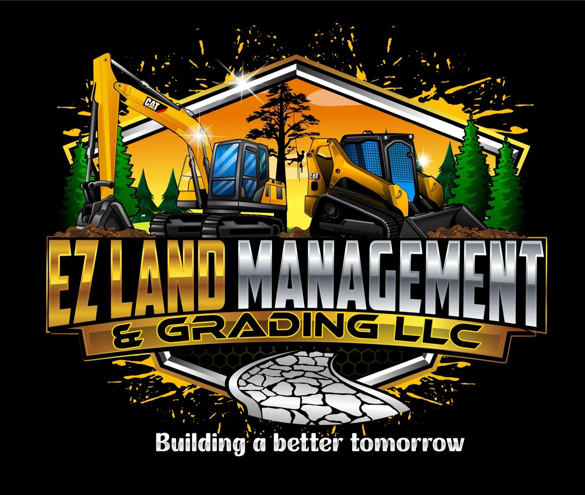 A graphic logo for EZ Land Management & Grading LLC featuring a construction excavator and bulldozer in front of a stylized house and pine trees, with a rocky road leading to the company name and the slogan 'Building a better tomorrow' at the bottom.