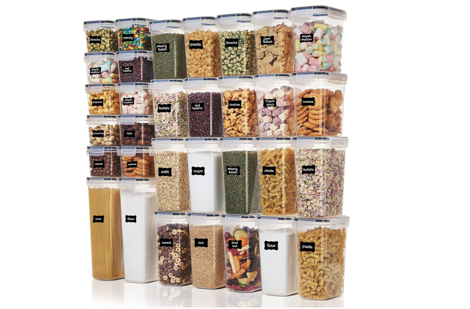 Stacked transparent containers filled with various colorful pantry staples such as snacks, candy, mung beans, pasta, marshmallows, popcorn, marshmallow fluff, spices, oats, sugar, cereal, dried fruit, rice, and flour, each labeled with black labels.