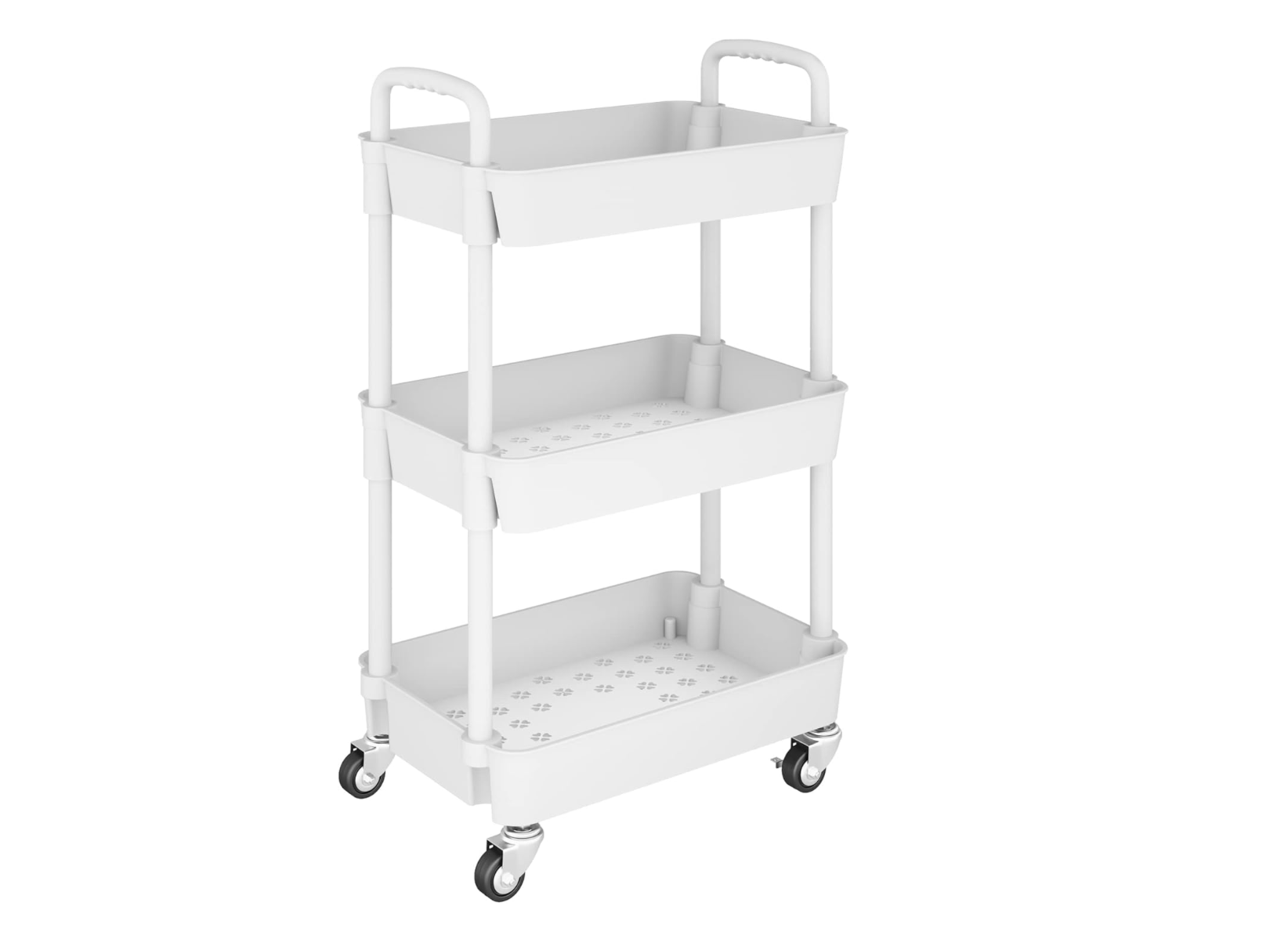 White three-tier rolling utility cart with black wheels.