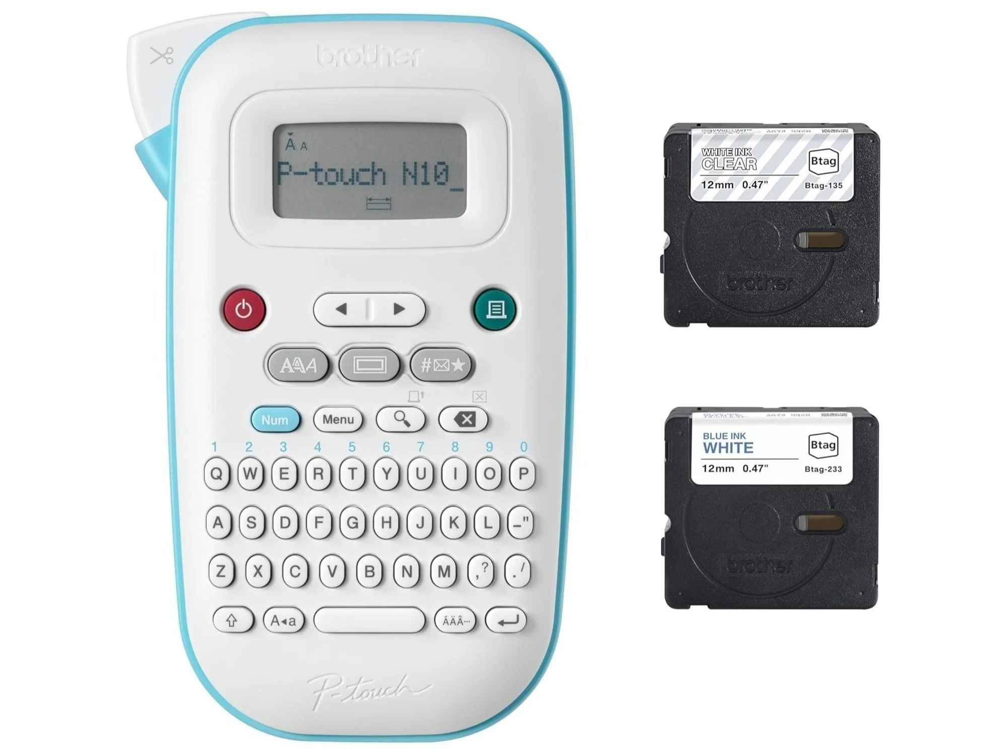 A Brother P-touch label maker with a digital screen displaying 'P-touch N10,' and two label tapes, one black with white text and one blue with white text.