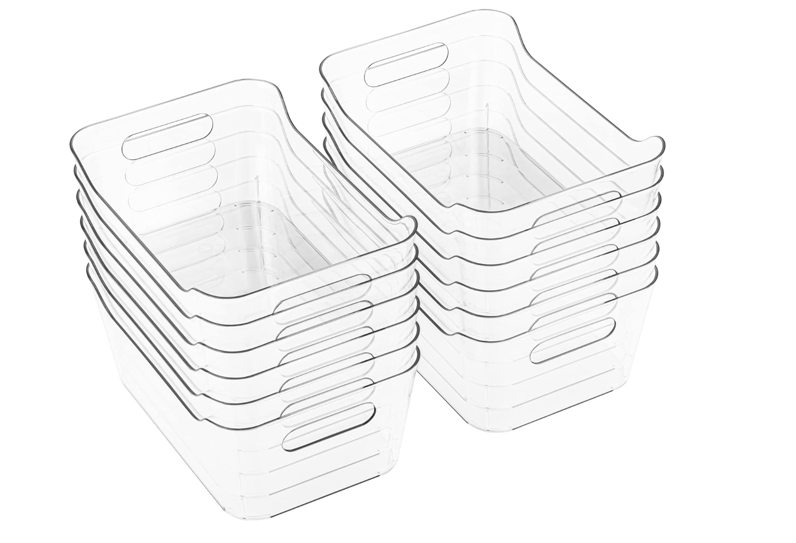 Stack of clear plastic rectangular storage baskets with handles on the sides.