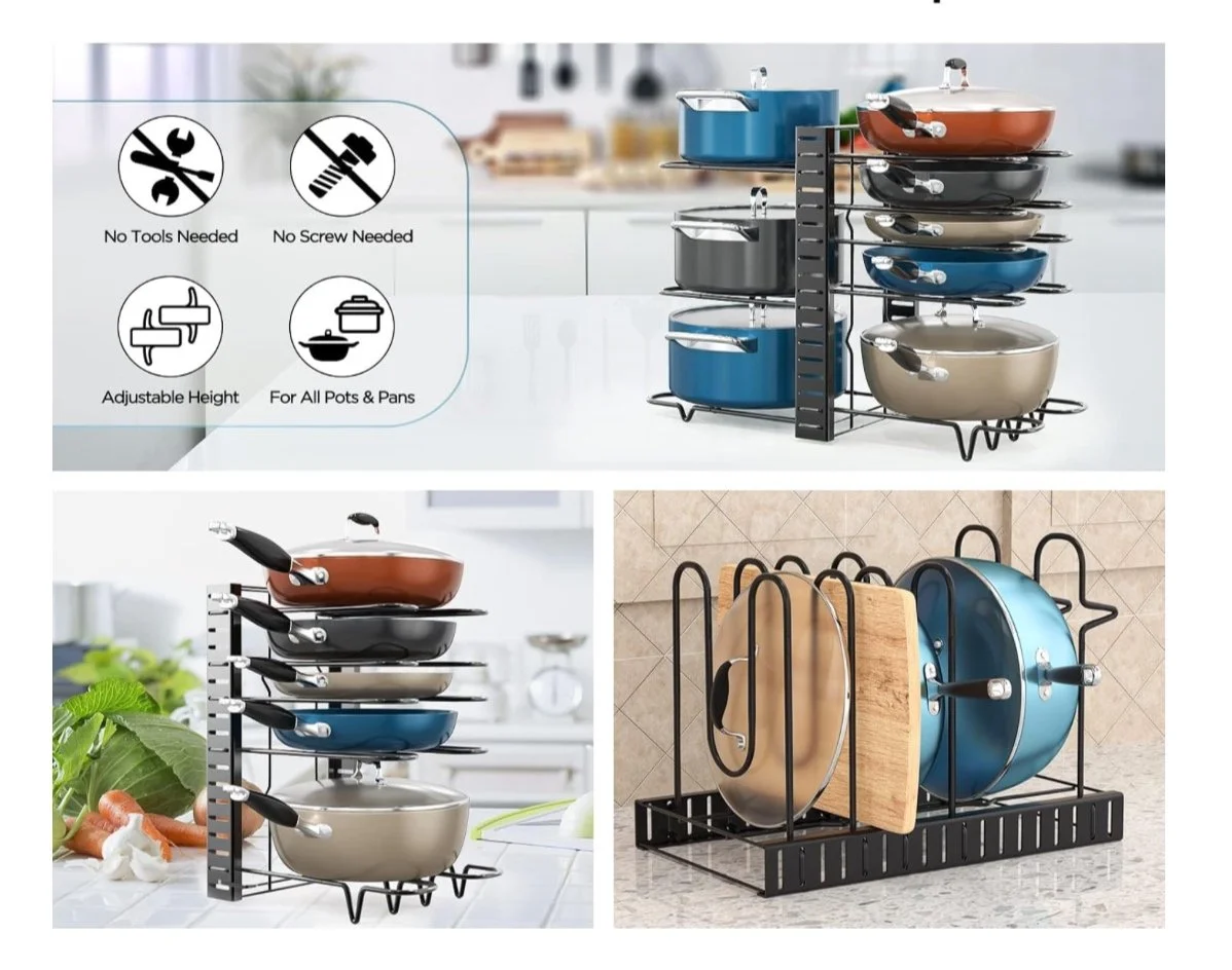 Image shows various kitchen pot and pan racks. The top right rack has multiple pots and pans of different colors and sizes. The bottom left rack holds stacked pans with handles, and the bottom right rack contains pots and cutting boards. An infographic indicates the racks do not need tools or screws to assemble, have adjustable heights, and fit all pots and pans.
