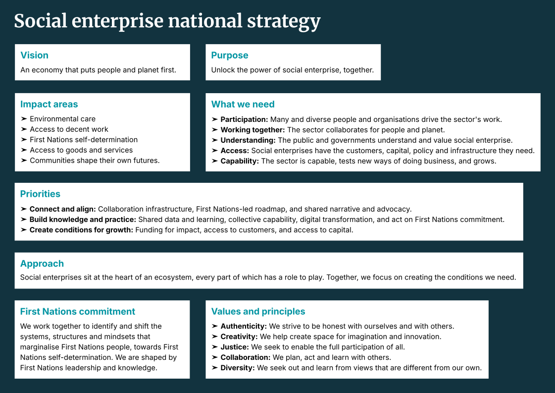 Infographic titled “Social enterprise national strategy” on a dark teal background with white and teal text boxes outlining the draft strategy framework.