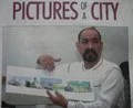 Man holding a large illustrated map in front of a city-themed background