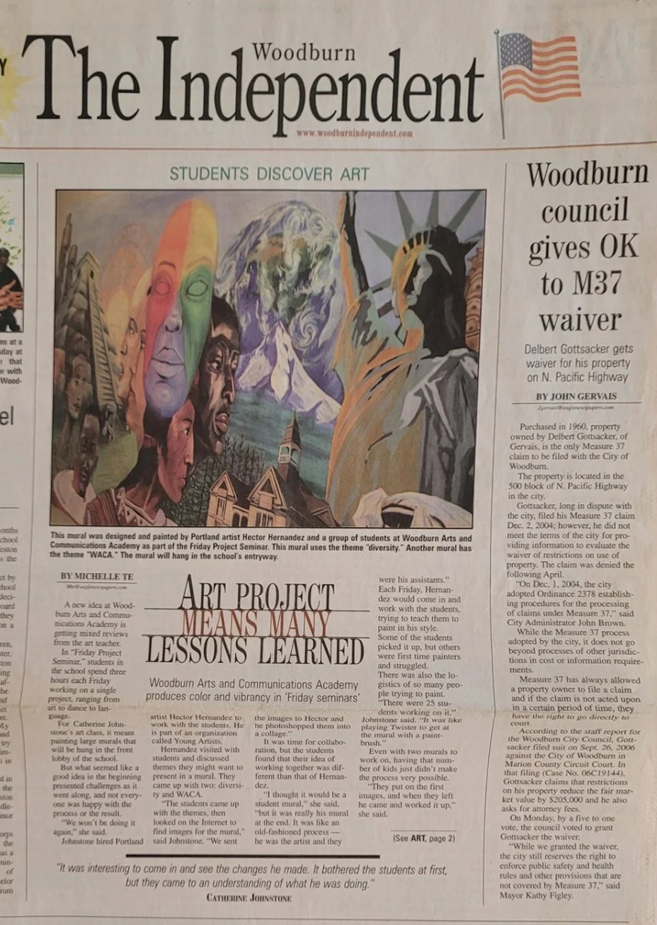 Front page of a newspaper called 'Woodburn The Independent', featuring an art mural by Hector Hernandez and students, depicting diversity with various faces and images including the Statue of Liberty, Mount Fuji, and iconic figures, with an article about their art project.