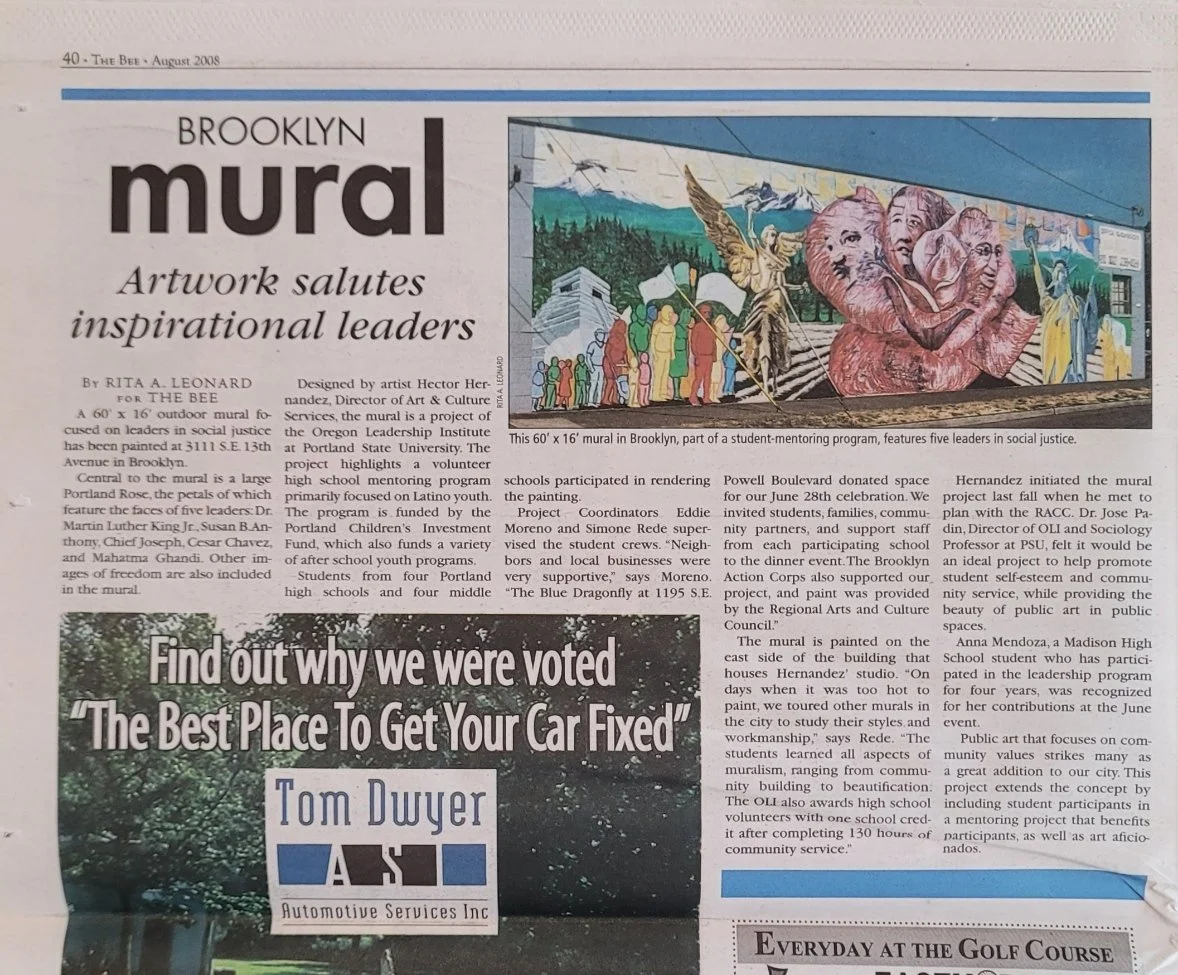 Newspaper article about a Brooklyn mural showcasing social justice with a colorful mural painting.