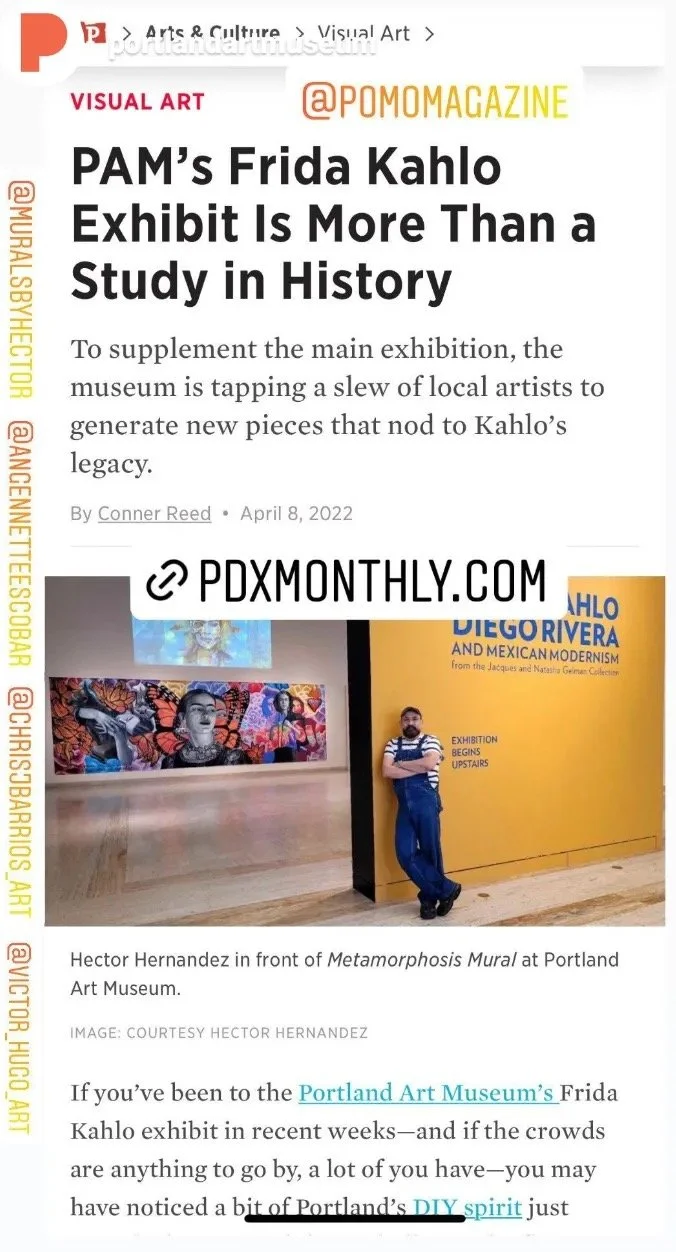A screenshot of an article about an art exhibit dedicated to Frida Kahlo at the Portland Art Museum, with an image of Hector Hernandez standing in front of a mural at the museum.