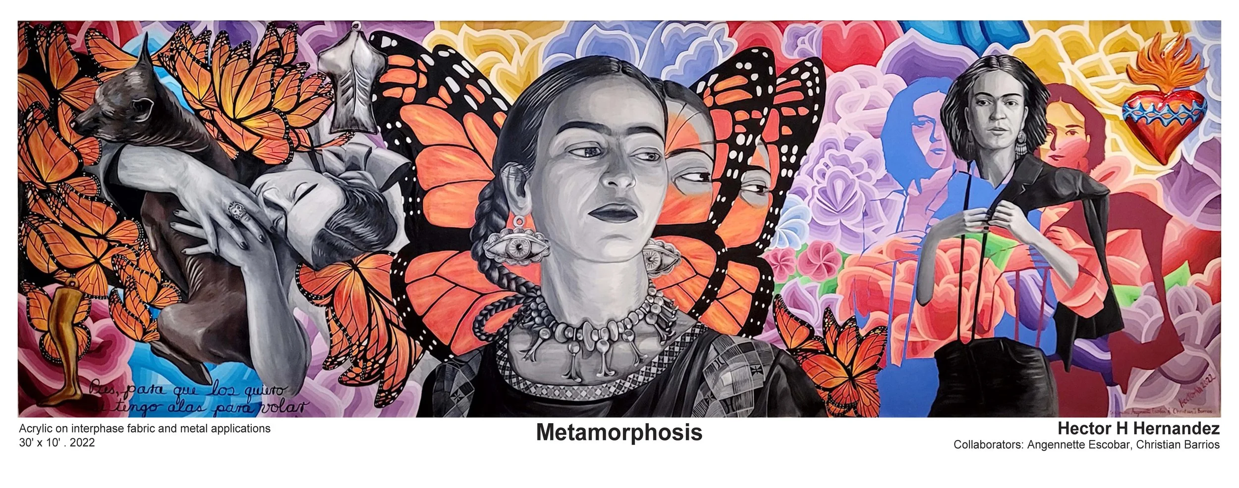 A colorful mural titled 'Metamorphosis' features Frida Kahlo with butterfly wings and jewelry at the center, a black and white dog and a hand holding an eye-shaped object on the left, surrounded by vibrant butterfly and floral patterns.