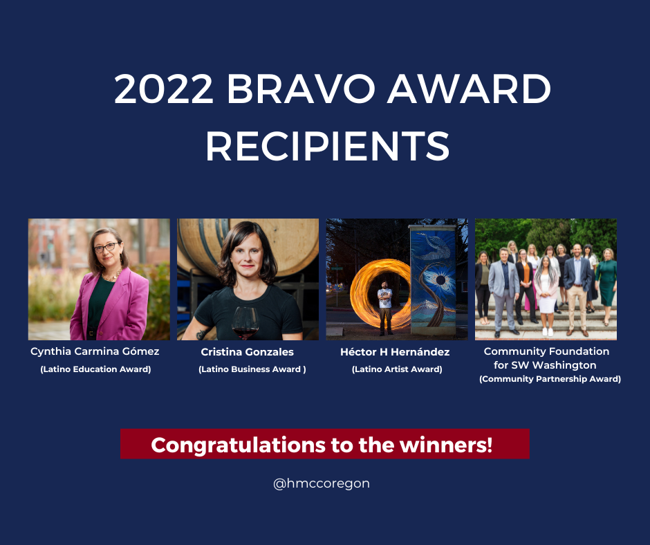 Announcement of 2022 Bravo Award recipients with photos of four individuals, their names, and awards, set against a dark blue background with congratulatory message and social media handle.
