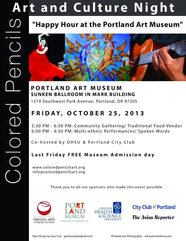 Flyer for Art and Culture Night at the Portland Art Museum on October 25, 2013, with events including community gathering, traditional food vendors, and multi-ethnic performances, sponsored by local organizations.