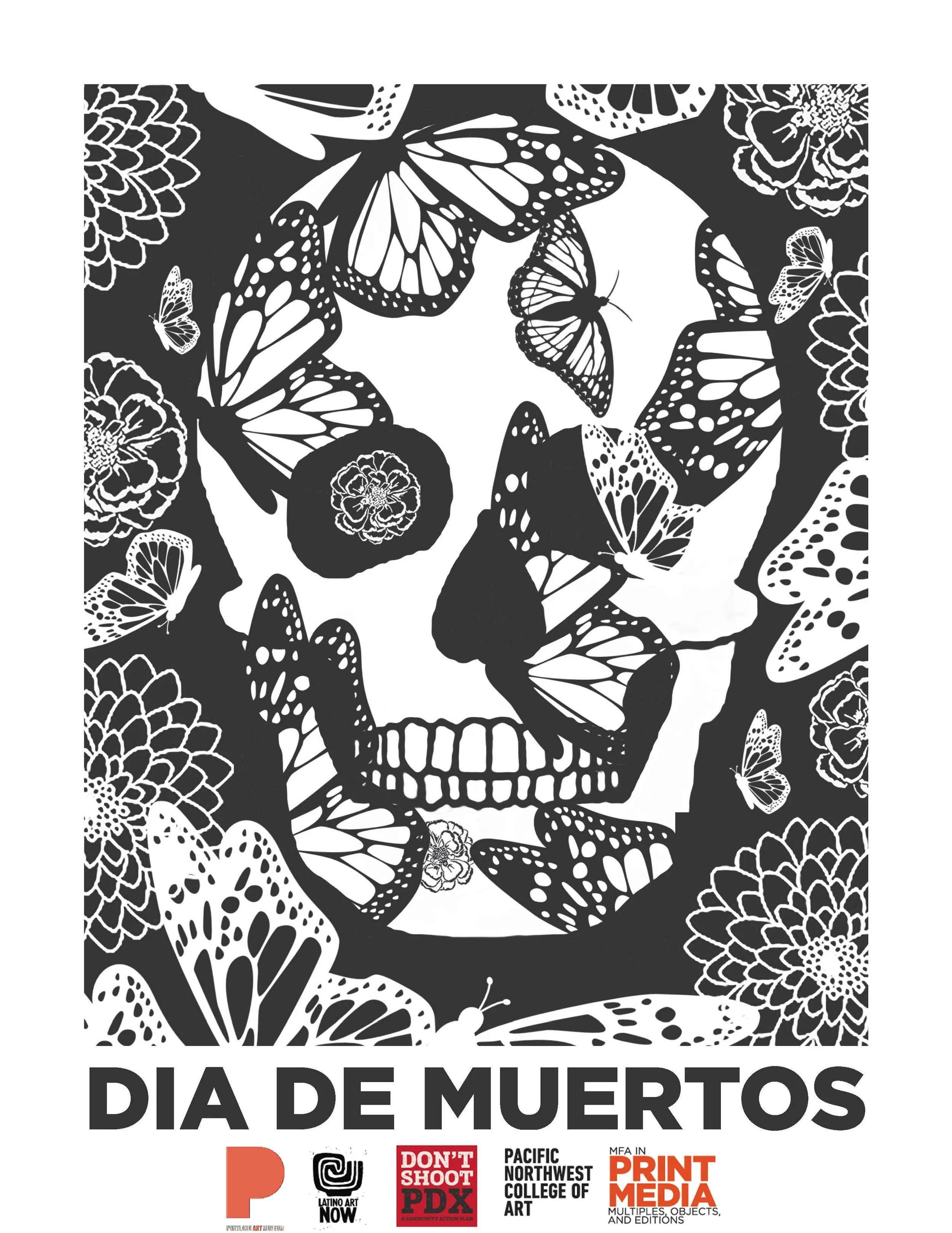 Black and white poster featuring butterflies, flowers, and a skull outline, with the text "Día de Muertos" at the bottom, along with logos of sponsors.