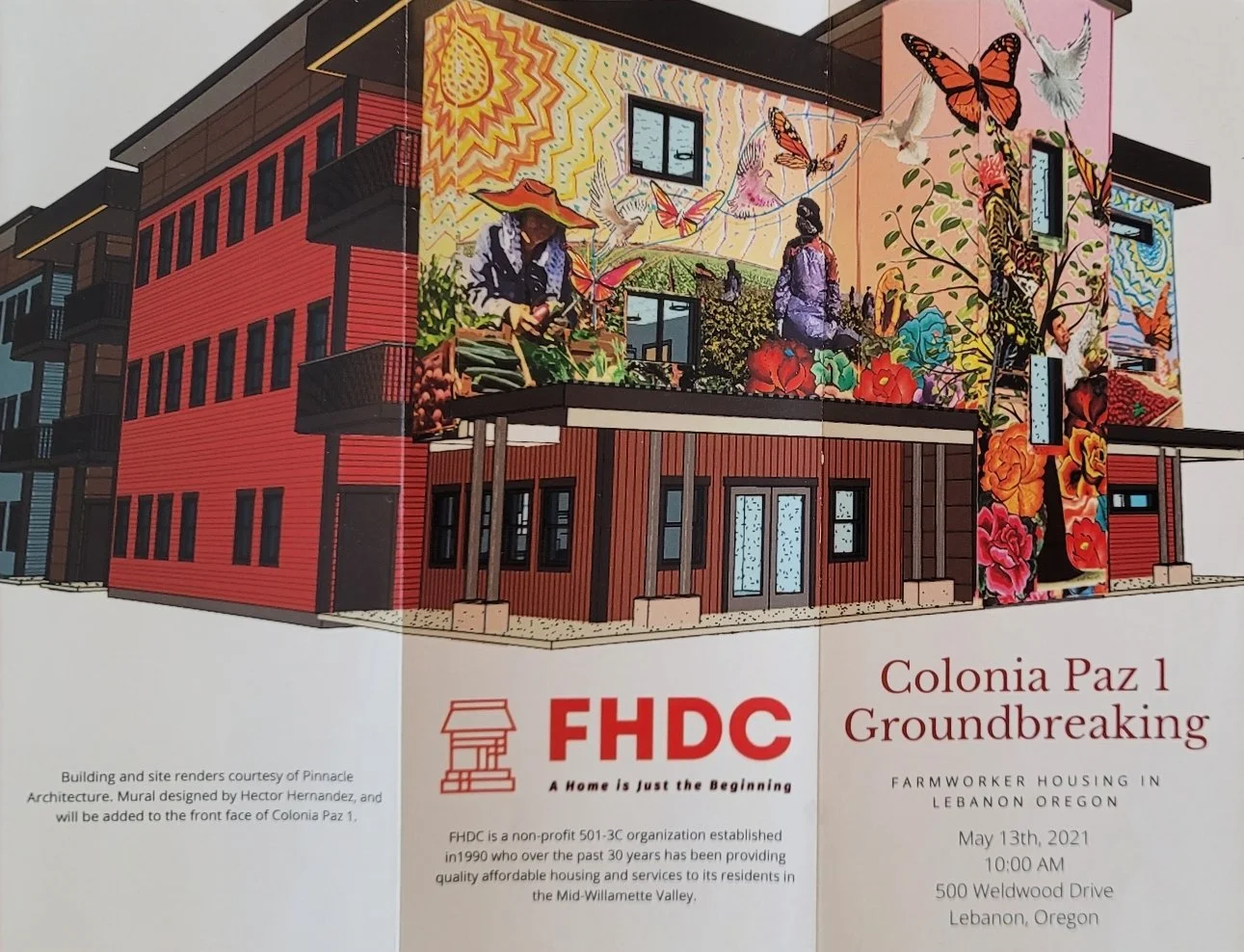 A detailed architectural rendering and mural of a new affordable housing development called Colonia Paz 1 in Lebanon, Oregon, featuring colorful painted murals of people, butterflies, and flowers on the building's exterior, with an announcement for the groundbreaking event on May 13th, 2021.