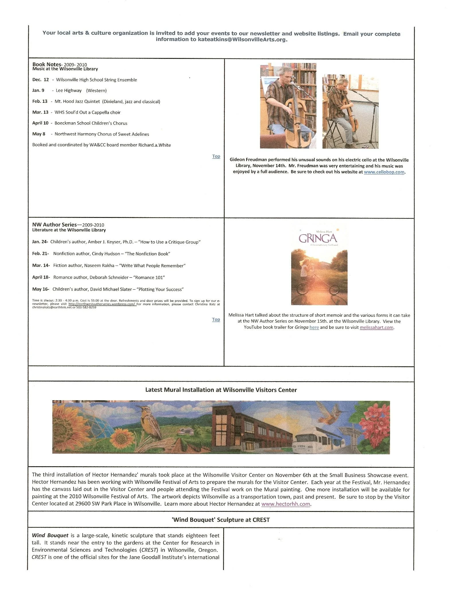 Program page featuring upcoming events at Wilsonville Library, including a musical performance by Gideon Freudman and a discussion by Melissa Hart, alongside images of a musician performing and a mural at the Wilsonville Visitors Center, and a sculpture titled 'Wind Bouquet' at CREST.