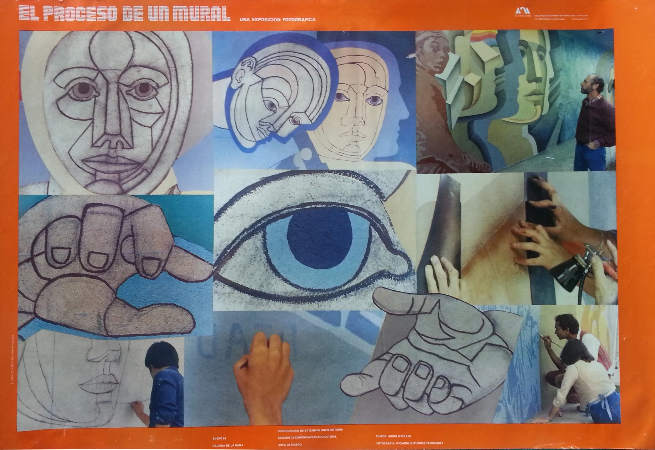 A collage of different art images and people working on murals, including sketches of faces, hands, an eye, and a photograph of a man looking at a mural. The collage illustrates the process of creating a mural.