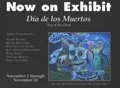 Book cover titled 'Now on Exhibit: Día de los Muertos' featuring colorful illustrations of skeletons and decorative motifs.
