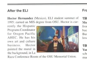 A newspaper or magazine article about Hector Hernandez, noting his background as an ELI student from Mexico, his role as a Programs Coordinator for Oregon Pacific AHEC, and his artistic work including a mural.