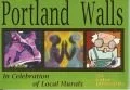 A book cover titled 'Portland Walls' celebrating local murals, with a green background and illustrations of murals in purple, yellow, and teal.