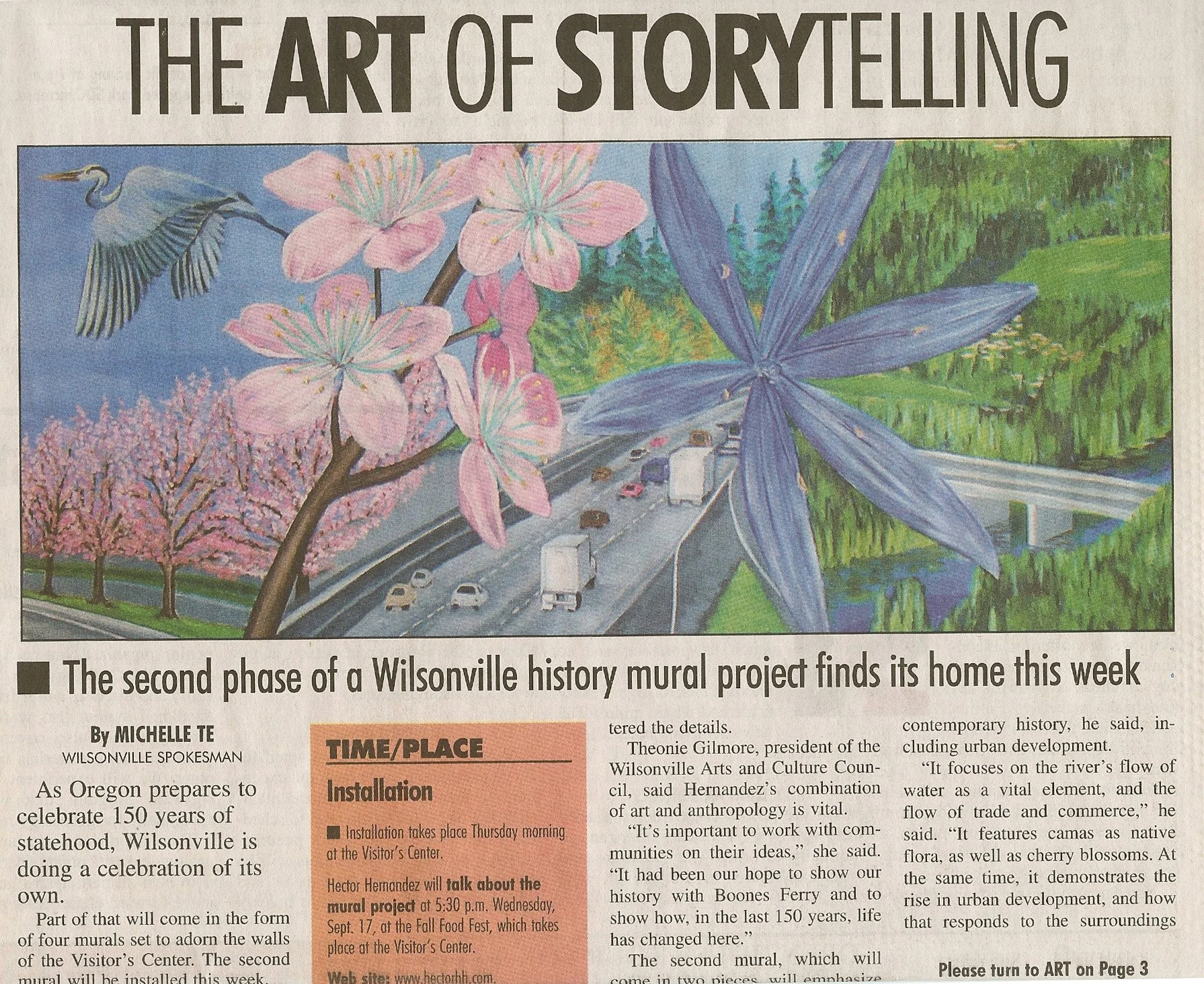 Colorful mural depicting cherry blossoms, a heron, and a large purple flower over a highway scene, illustrating themes of nature and urban life.