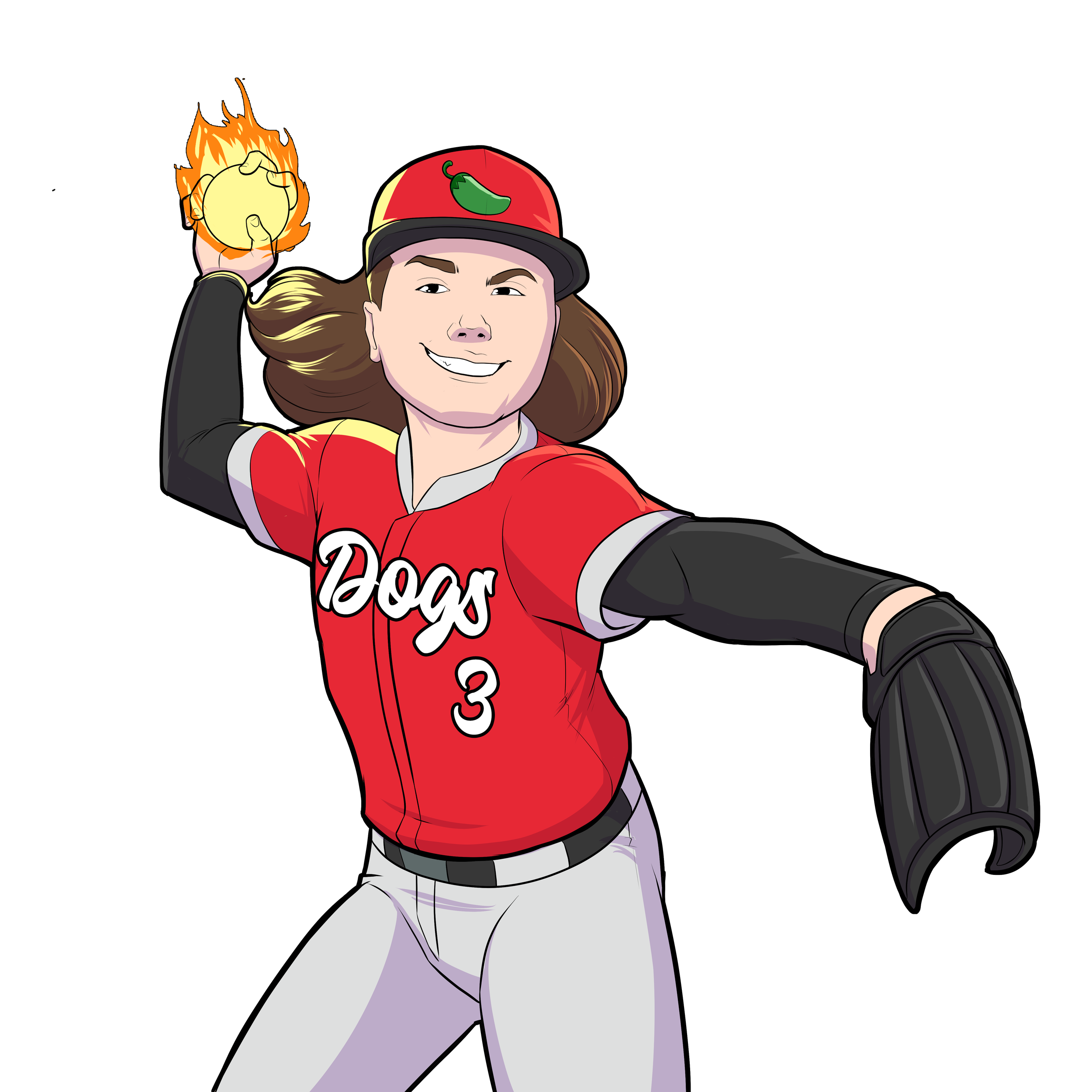 Cartoon baseball player in red uniform with 'Dogs 3' on the chest, wearing a baseball cap with a chili pepper, catching a ball with a glove and holding a flaming ball in the other hand.